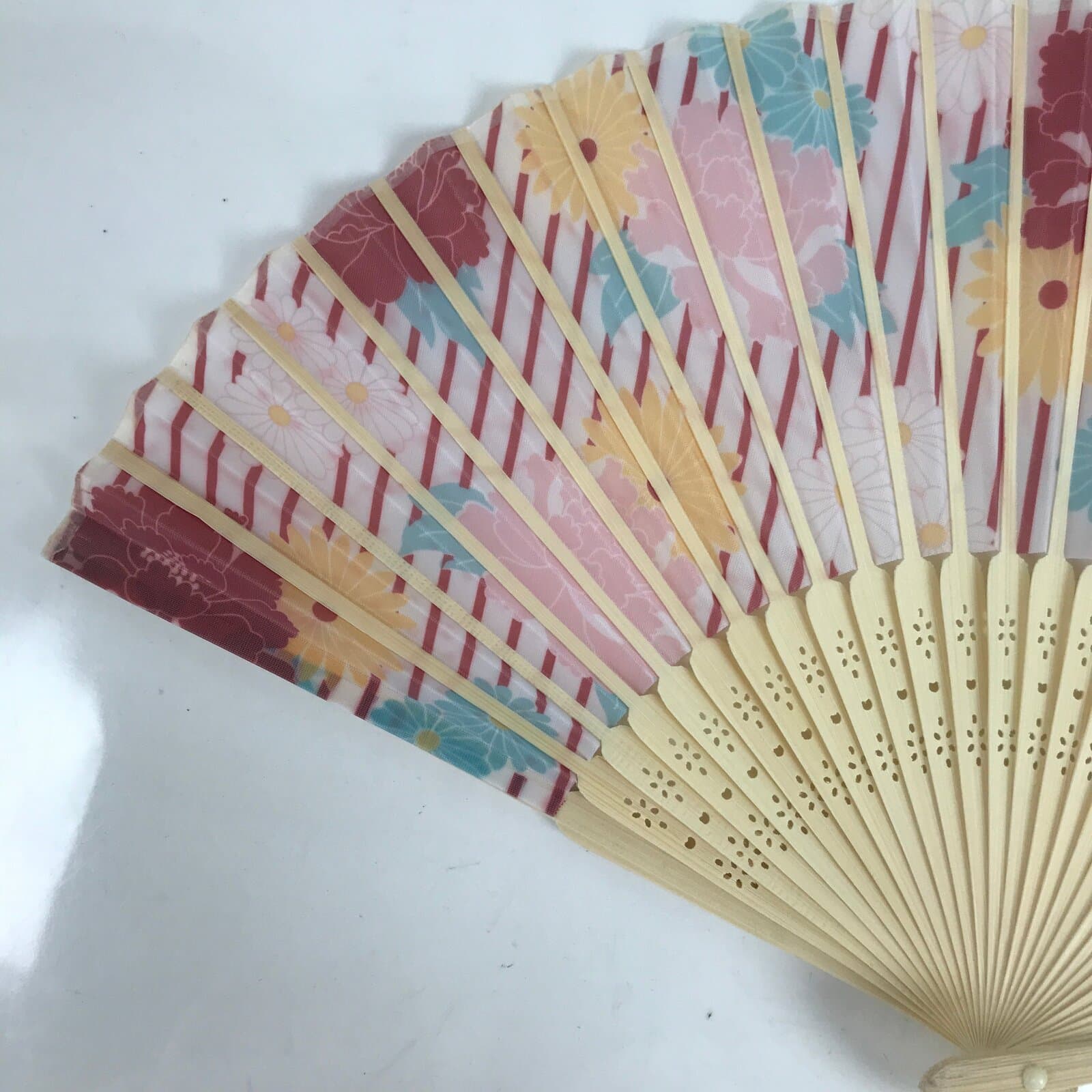 Japanese Fabric Folding Fan Sensu Natural Bamboo Frame Peony Botan Pink 4D851