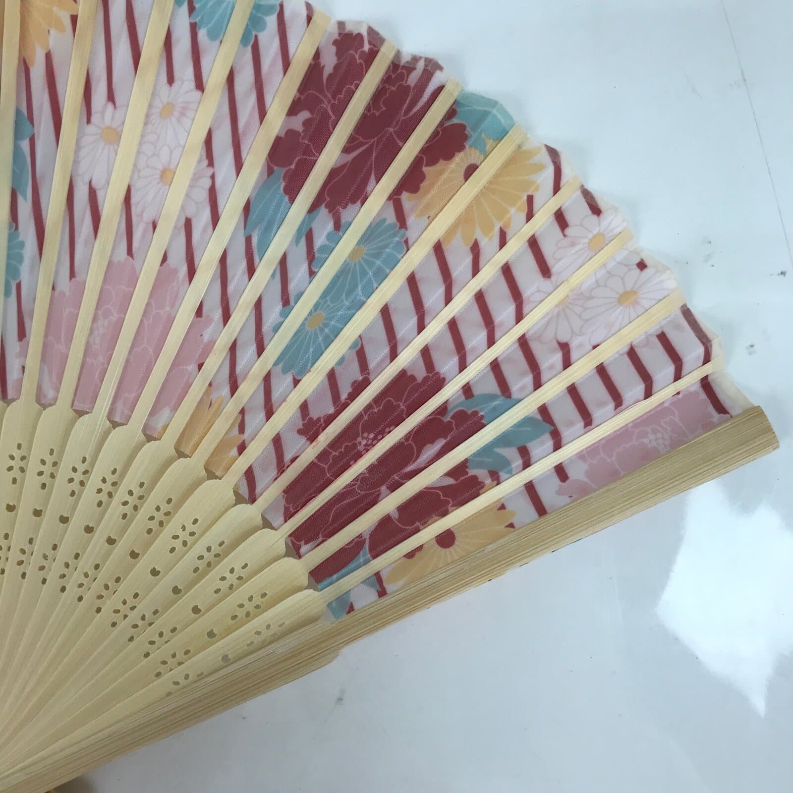 Japanese Fabric Folding Fan Sensu Natural Bamboo Frame Peony Botan Pink 4D851