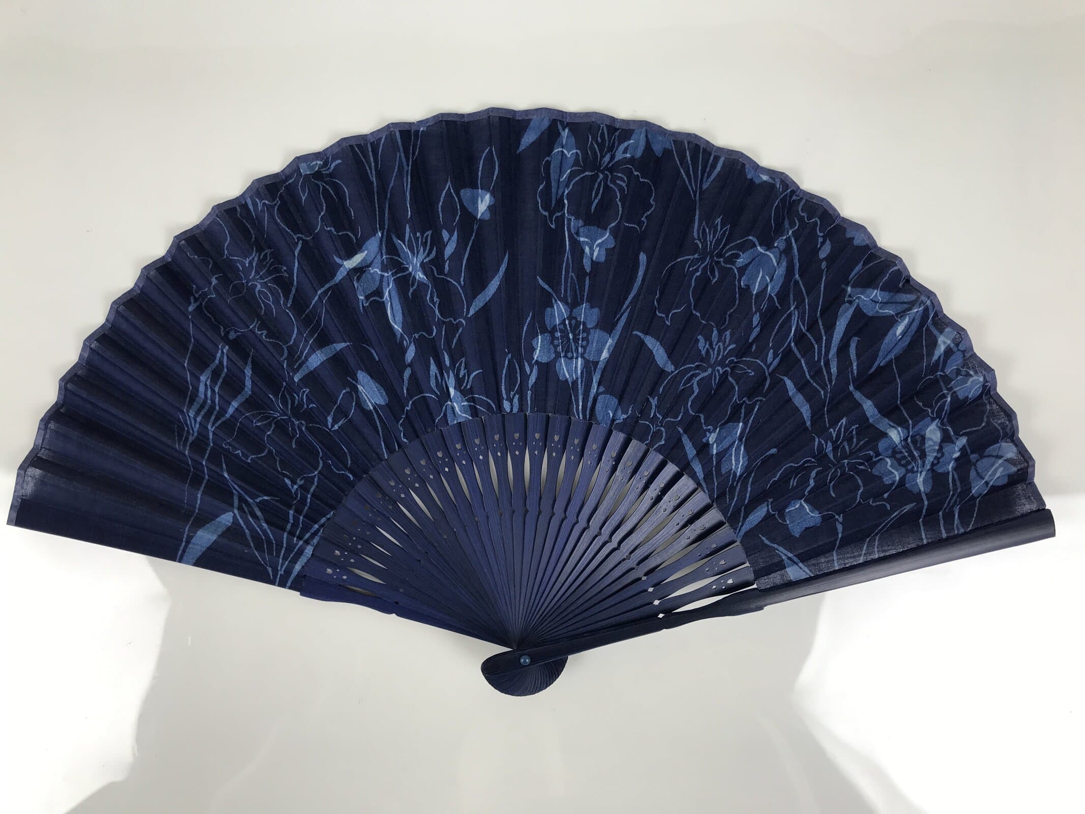 Japanese Fabric Folding Fan Sensu Vtg Bamboo Frame Blue Cherry Blossom Iris 5D5