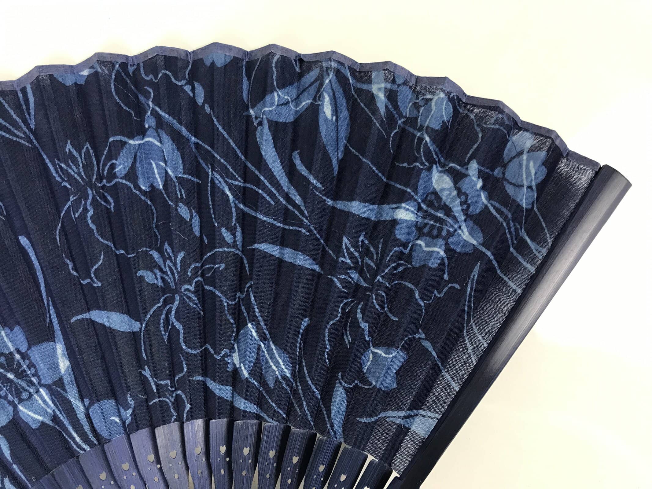 Japanese Fabric Folding Fan Sensu Vtg Bamboo Frame Blue Cherry Blossom Iris 5D5