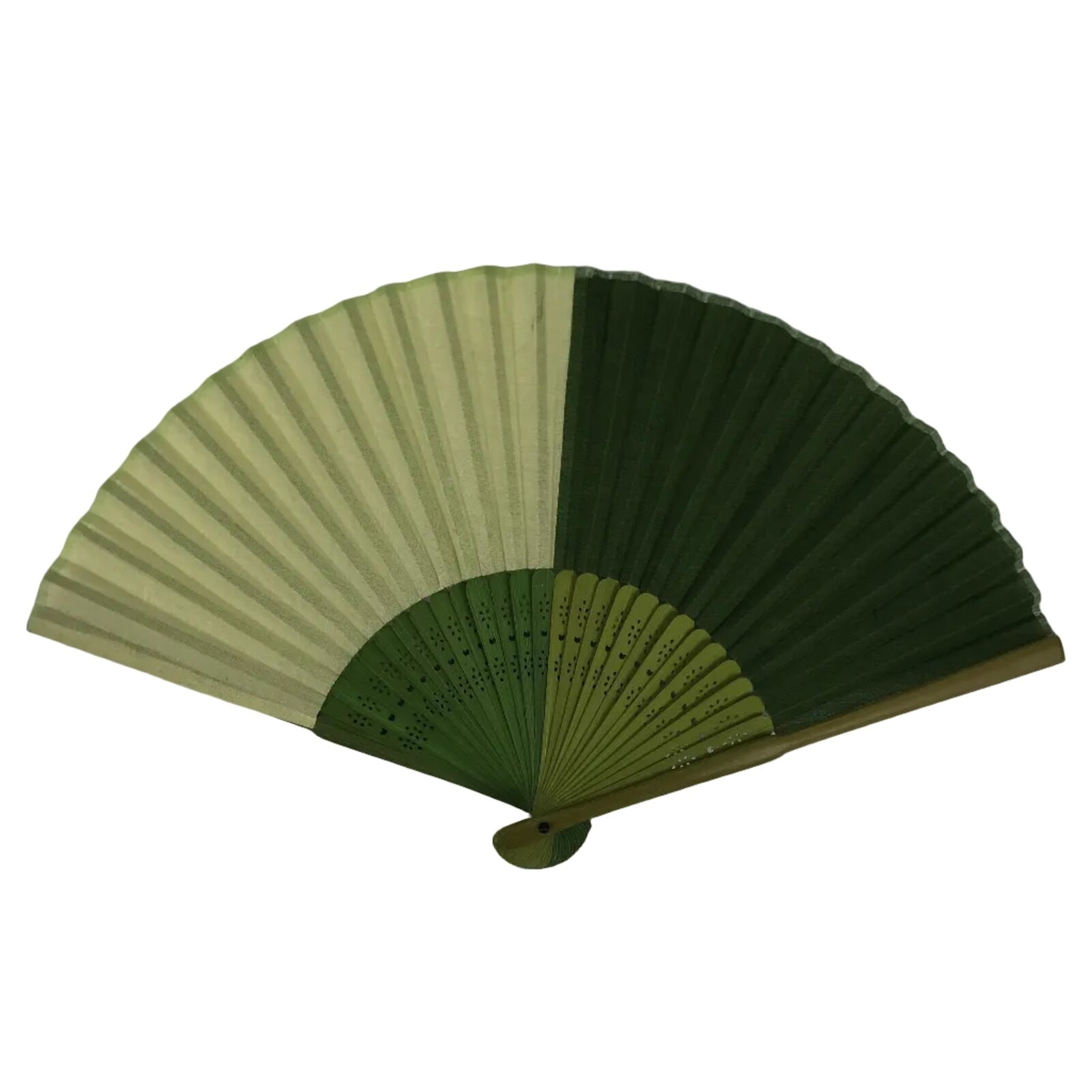 Japanese Fabric Folding Fan Sensu Vtg Bamboo Frame Light Dark Green Block 5D4