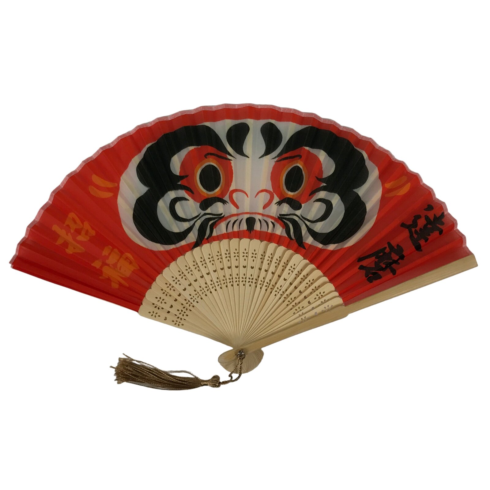 Japanese Fabric Folding Fan Sensu Vtg Bamboo Frame Red Daruma Good Luck 4D921