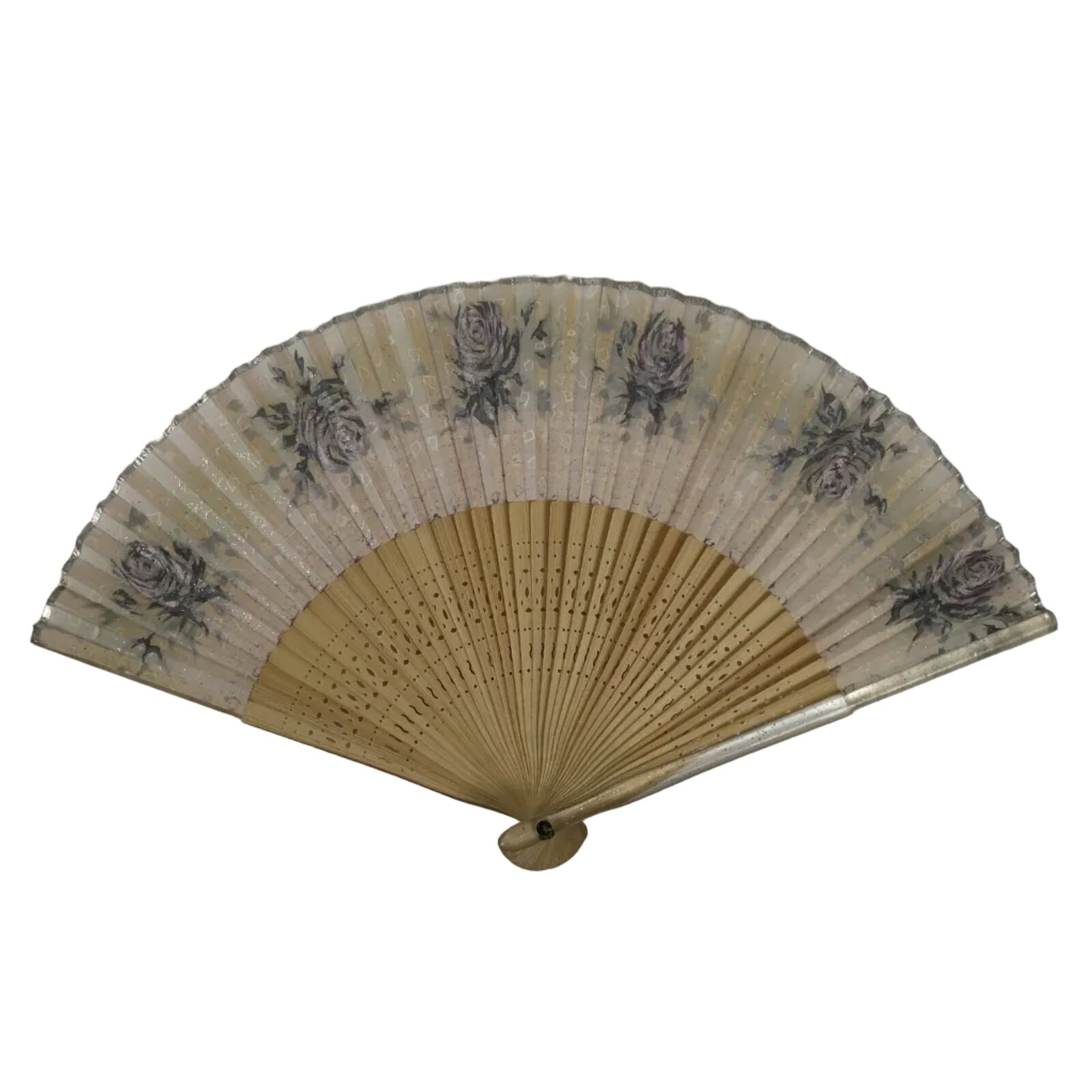 Japanese Fabric Folding Fan Sensu Vtg Bamboo Frame Roses Pastel Pink Bara 5D20