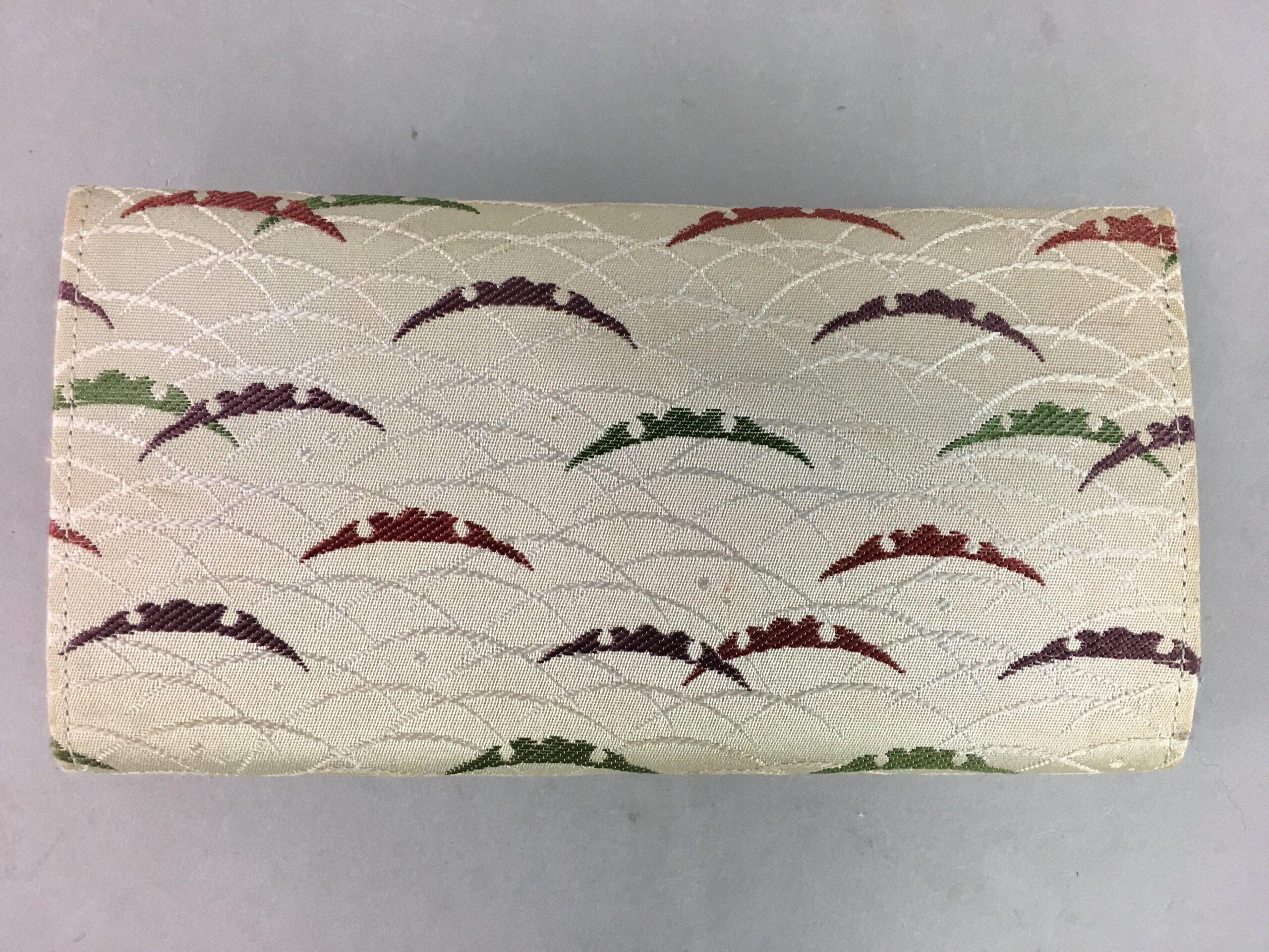 Japanese Fabric Long Wallet Vtg Purse Clasp Pouch Case White Beige J885