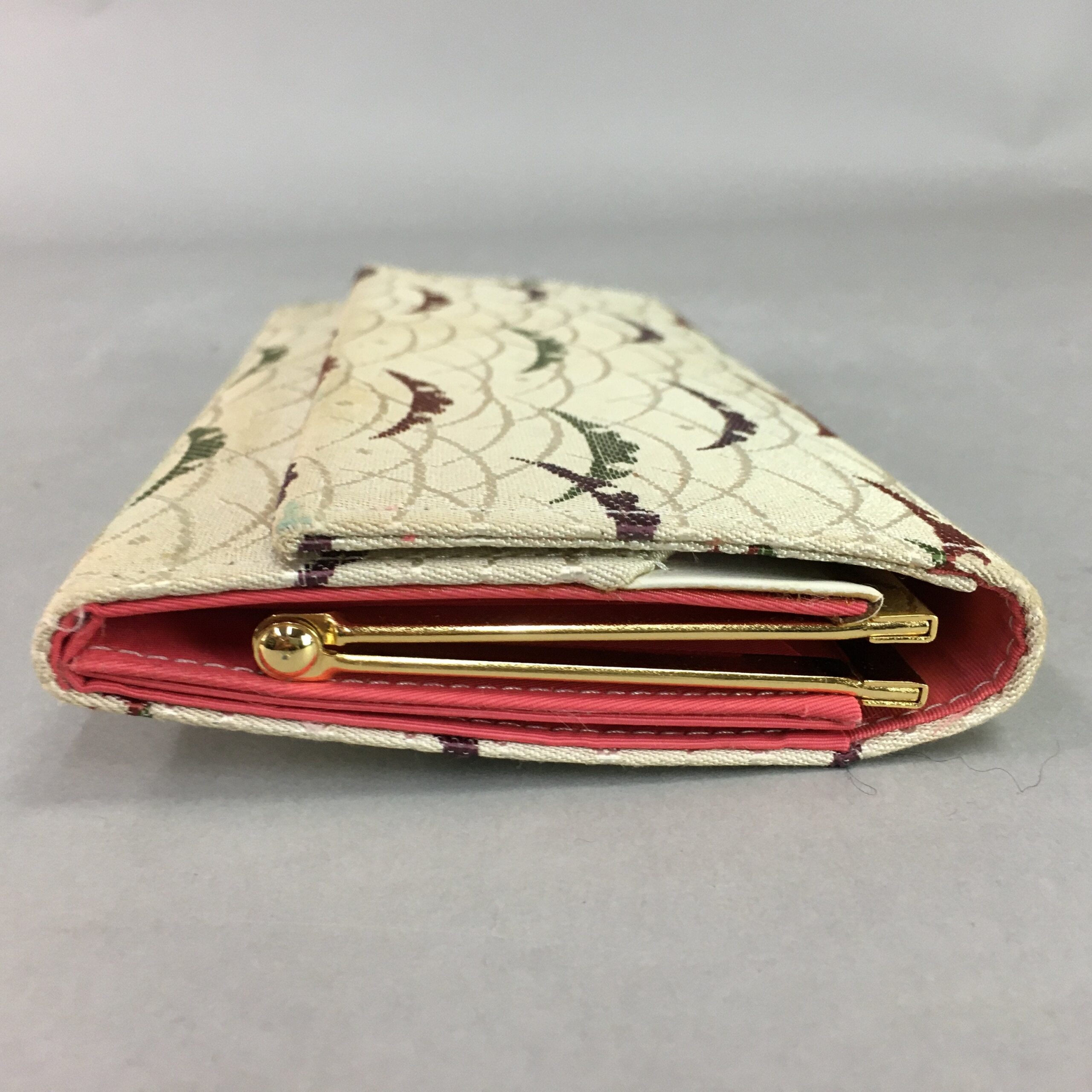 Japanese Fabric Long Wallet Vtg Purse Clasp Pouch Case White Beige J885