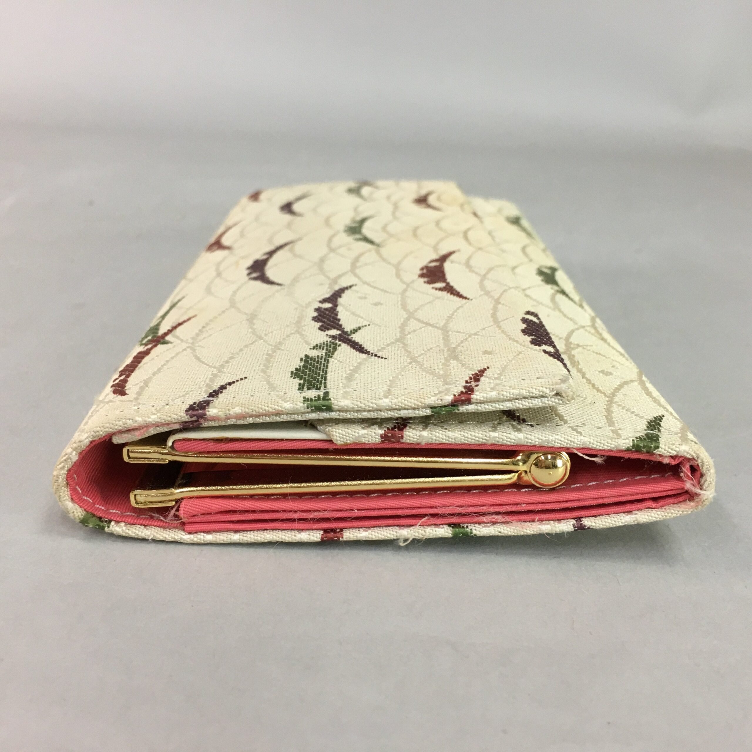 Japanese Fabric Long Wallet Vtg Purse Clasp Pouch Case White Beige J885