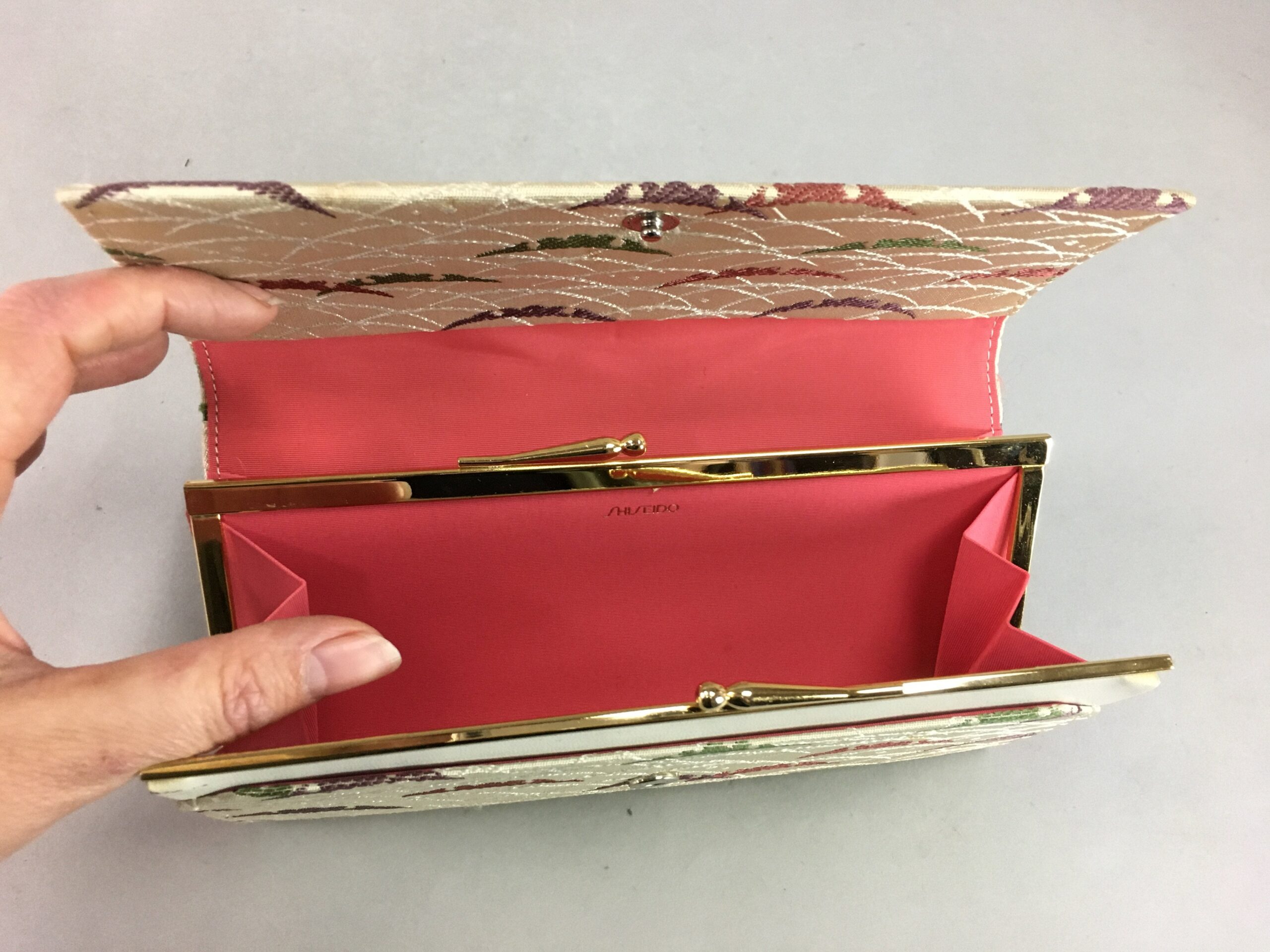 Japanese Fabric Long Wallet Vtg Purse Clasp Pouch Case White Beige J885