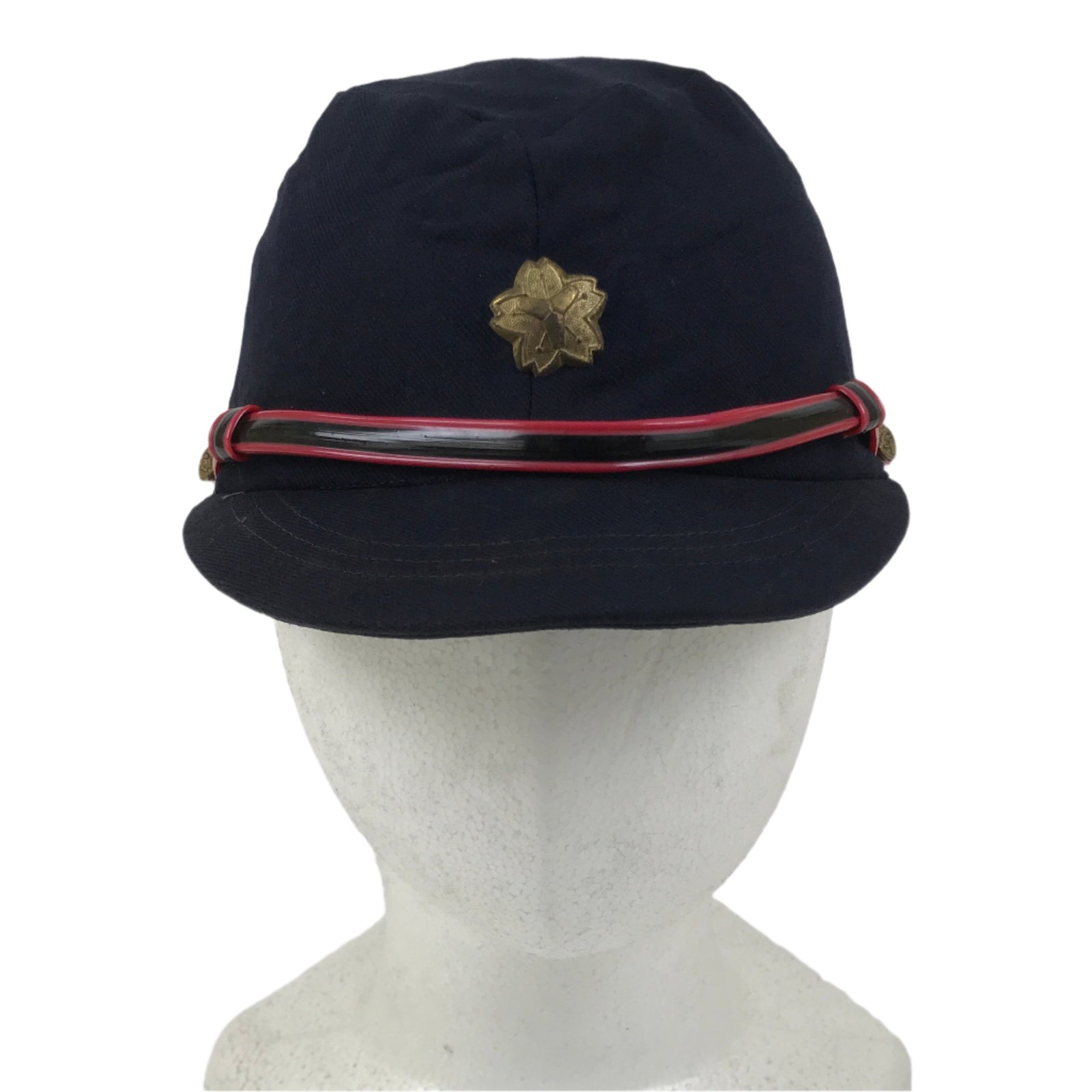 Japanese Firefighter Uniform Hat Vtg Fire Brigade Cap Blue Metal Sakura Pin MK11