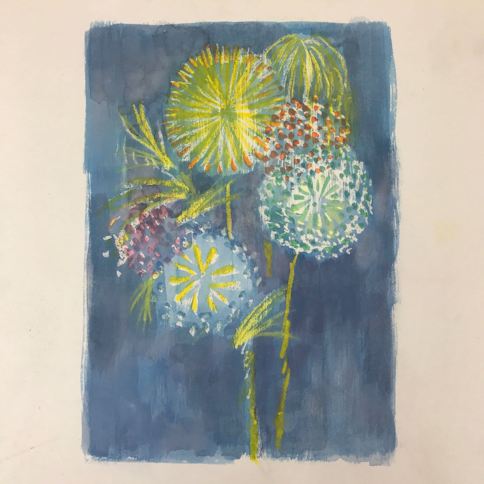 Japanese Fireworks Watercolor Painting Original Art Cardstock Unsigned FL146