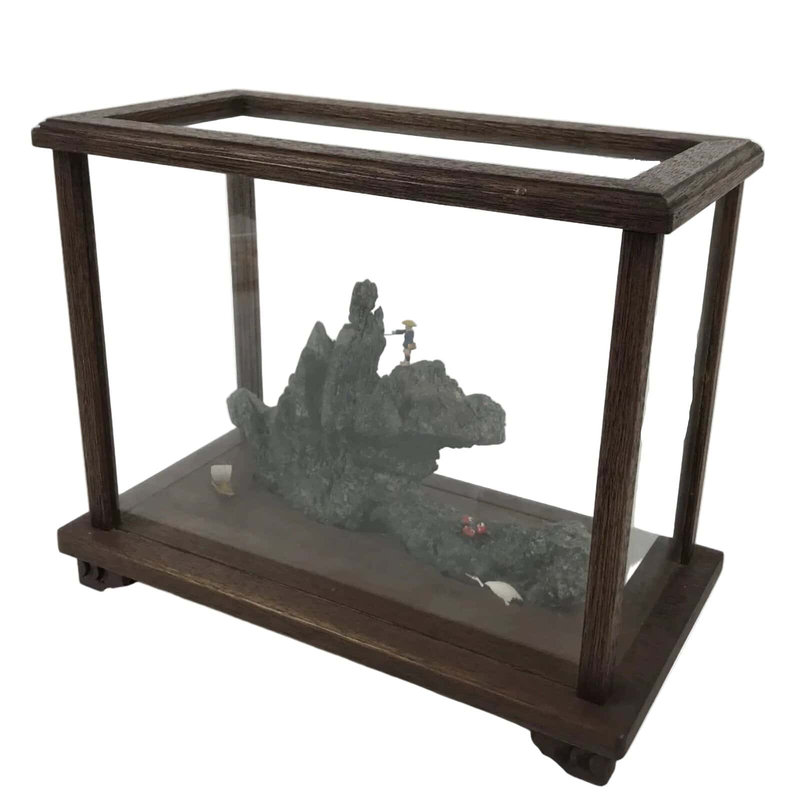 Japanese Fisherman Figurine Vtg Seaside Crab Crane Rock Glass Case Display ST93