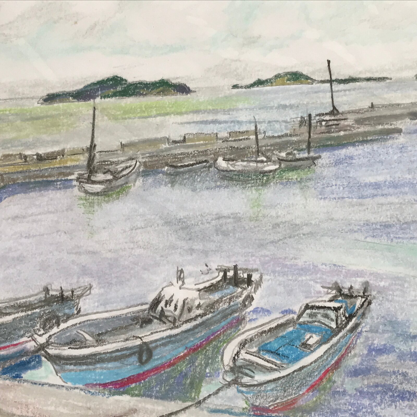 Japanese Fishing Village Marina Pastel Drawing Original Art Unsigned FL308