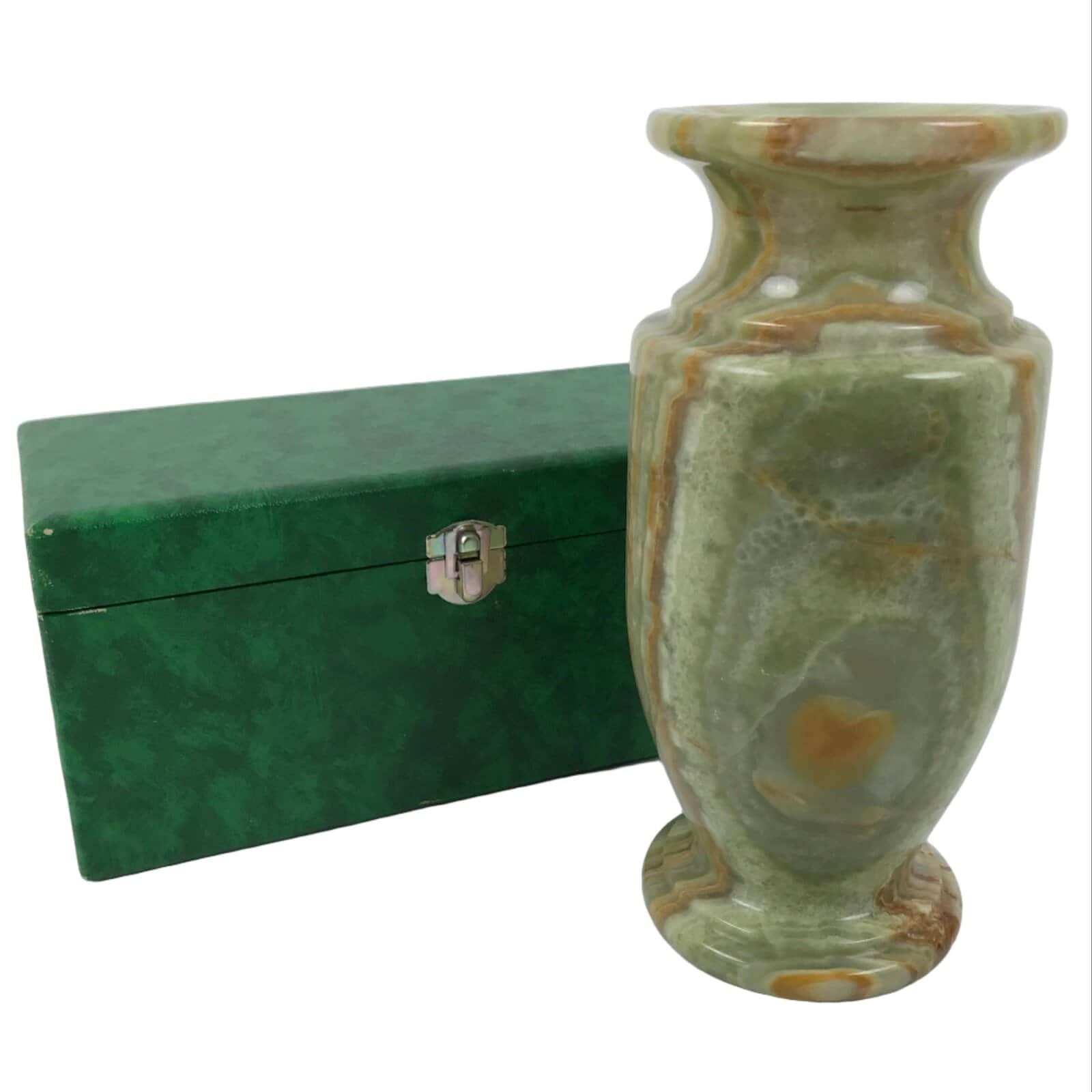Japanese Flower Arrangement Vase Vtg Stone Onyx Kabin Green Brown Boxed PX801