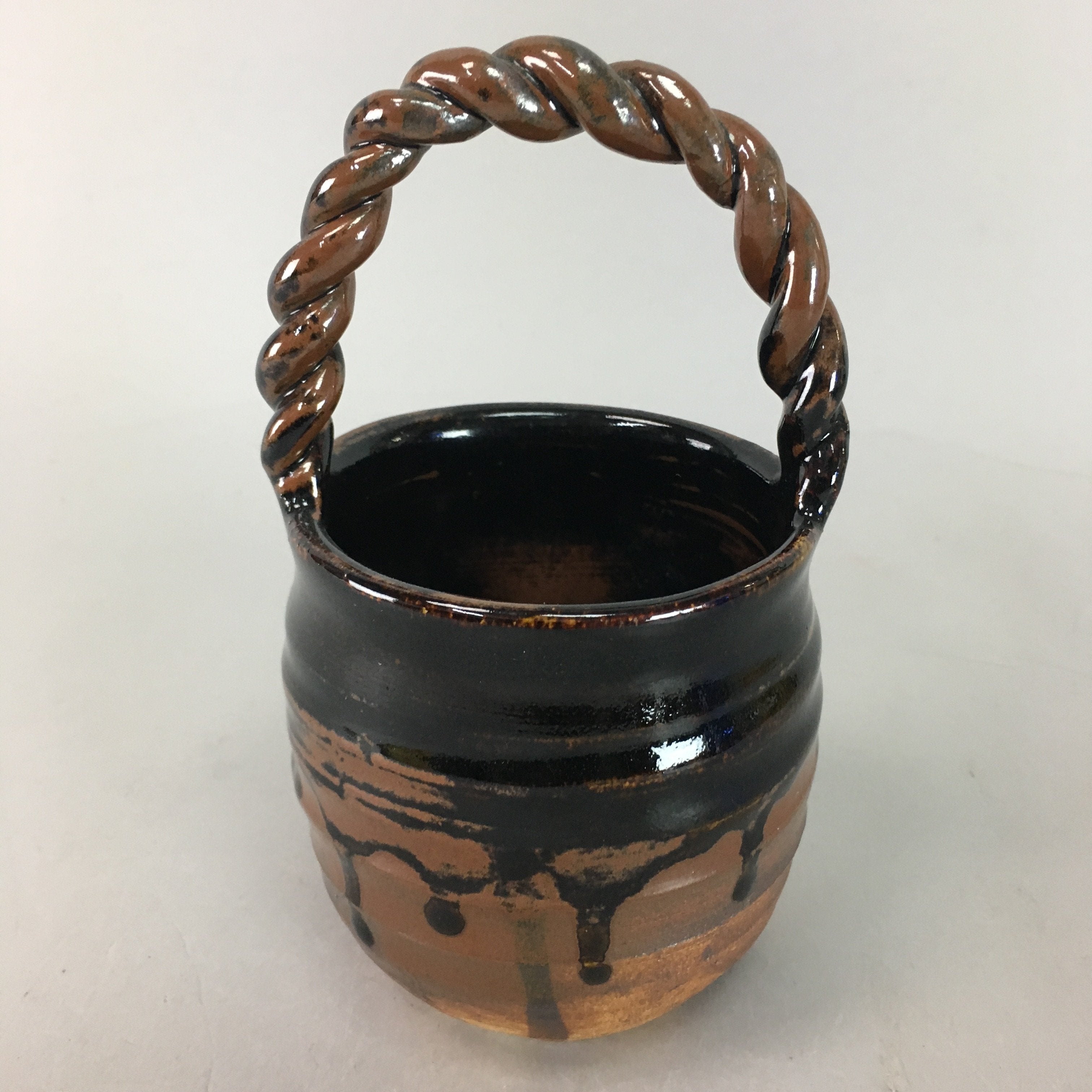 Japanese Flower Vase Ikebana Kabin Small Brown Handle Vtg Pottery MFV59