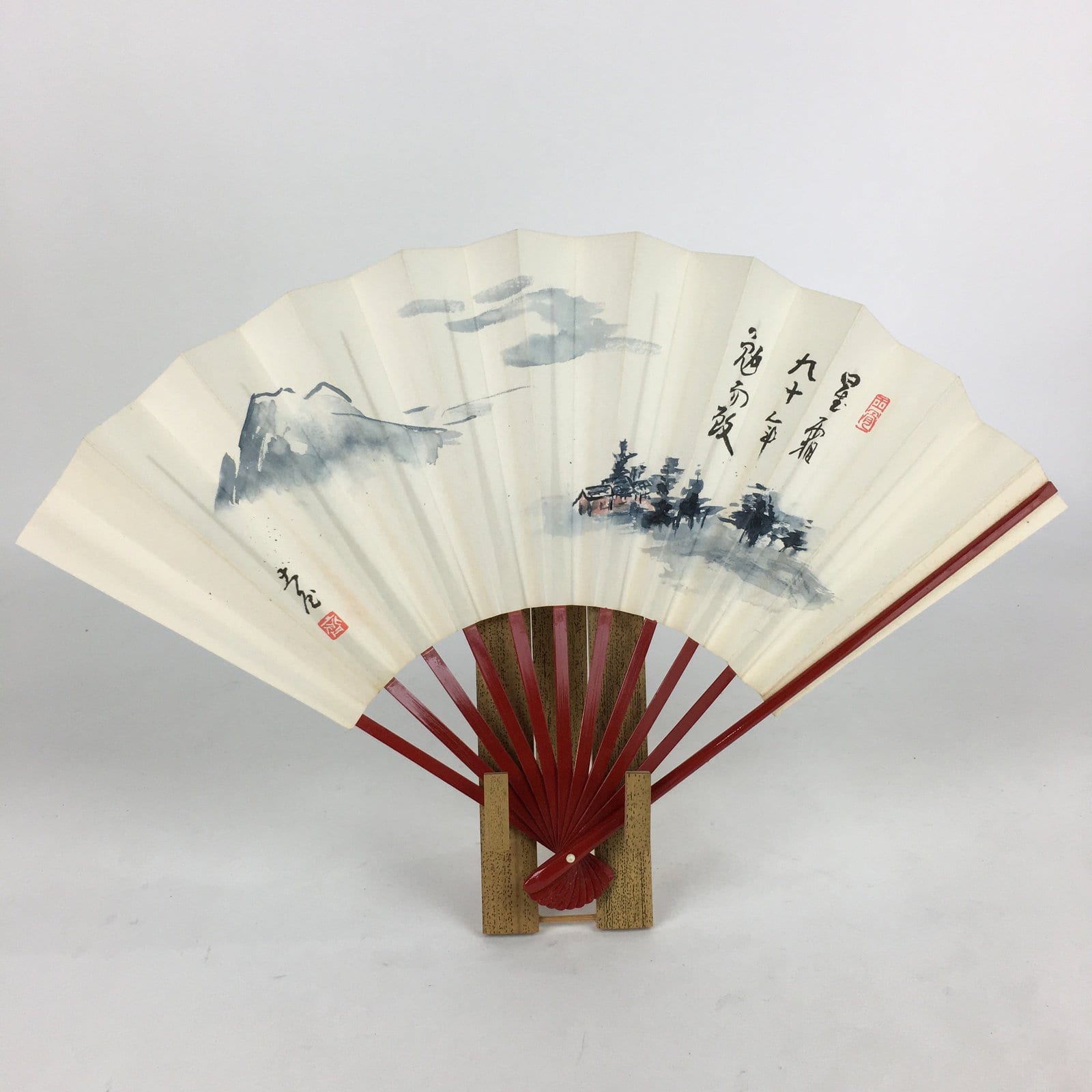 Japanese Folding Fan And Stand Set Vtg Sensu Bamboo Frame Mountain 4D637