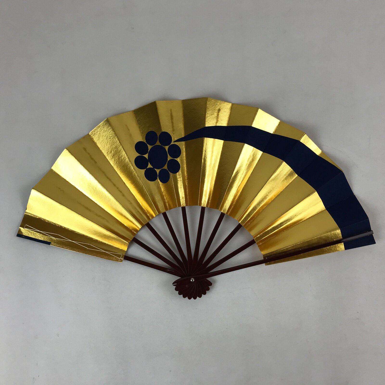 Japanese Folding Fan Maisen Sensu Vtg Lacquer Bamboo Frame Gold Foil Blue 4D720