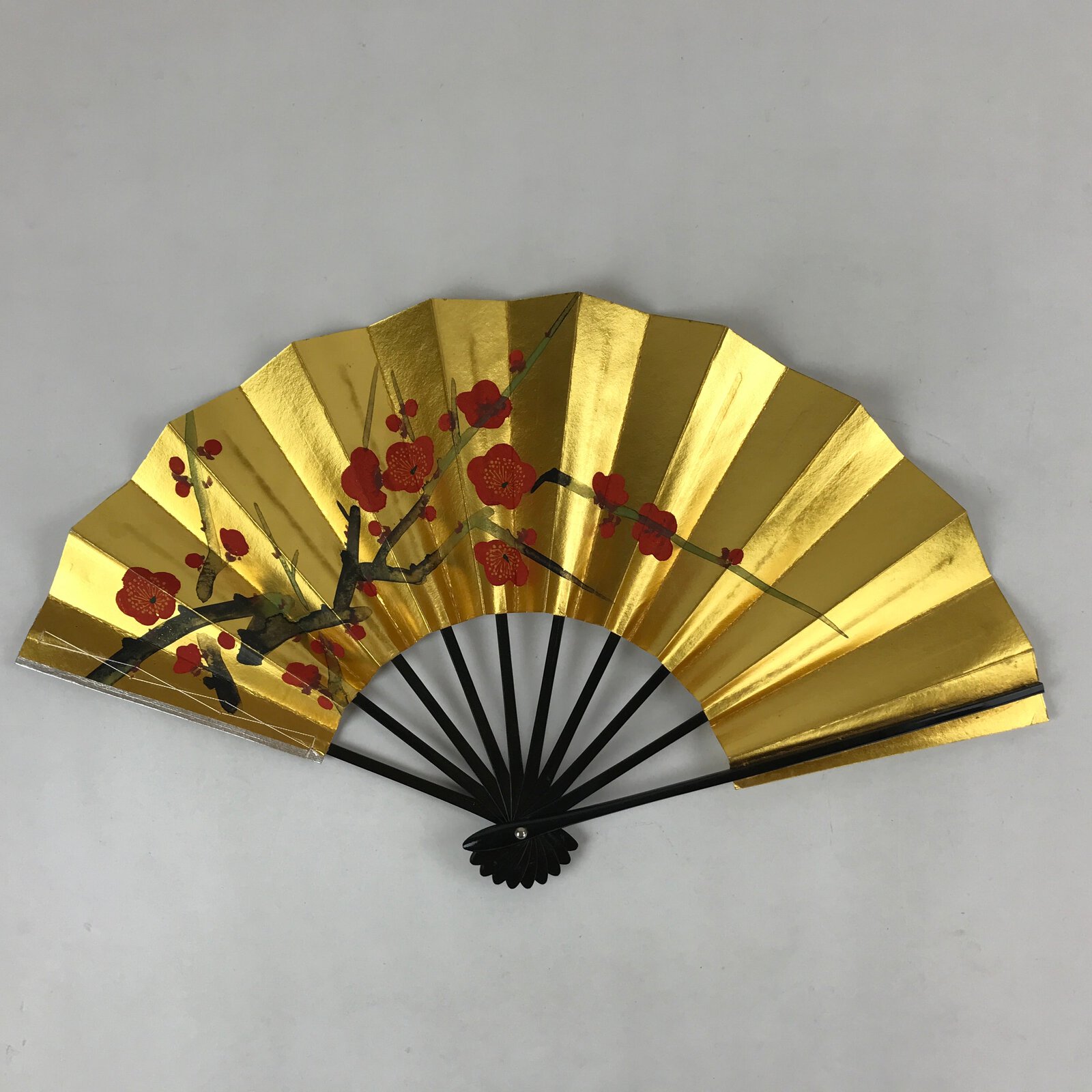 Japanese Folding Fan Maisen Sensu Vtg Lacquer Bamboo Frame Gold Ume Plum 4D721