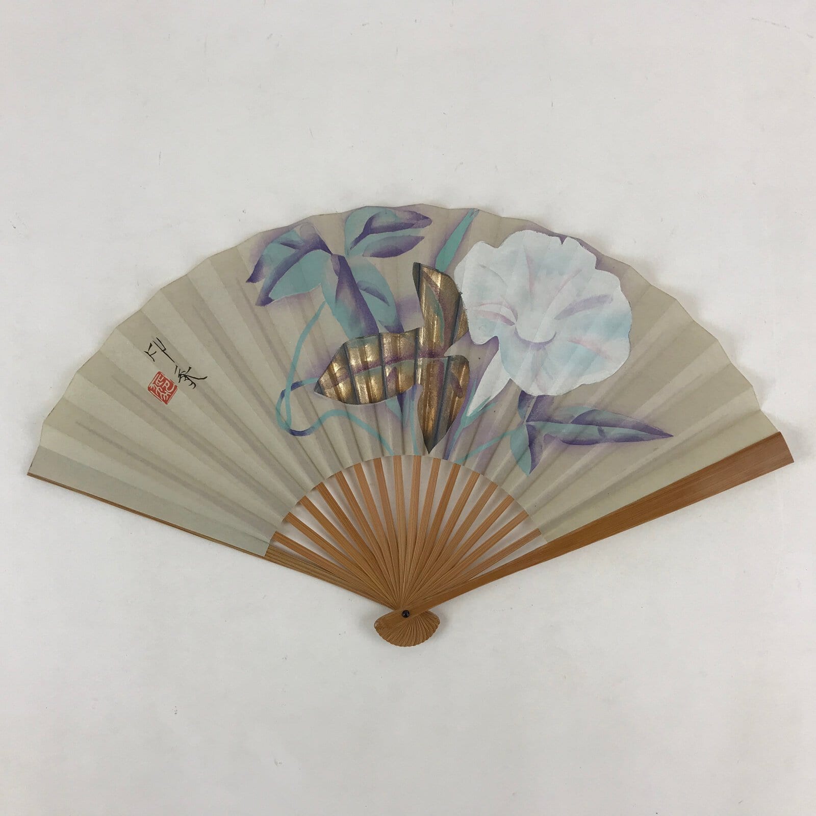 Japanese Folding Fan Sensu Bamboo Flowers Morning Glory White Gold Seal 4D664
