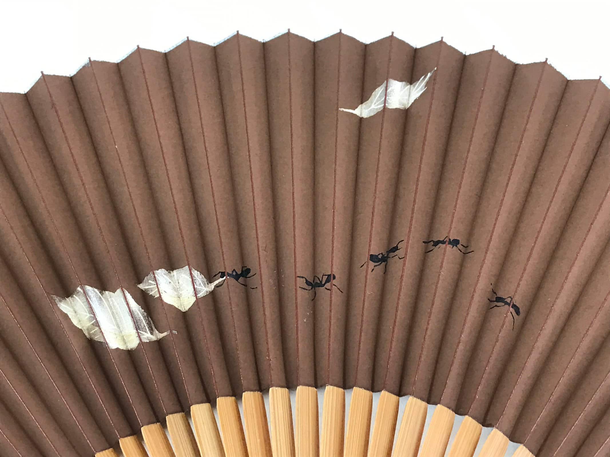 Japanese Folding Fan Sensu Bamboo Frame Ants Leaves Brown Kanji Red Seal 4D679