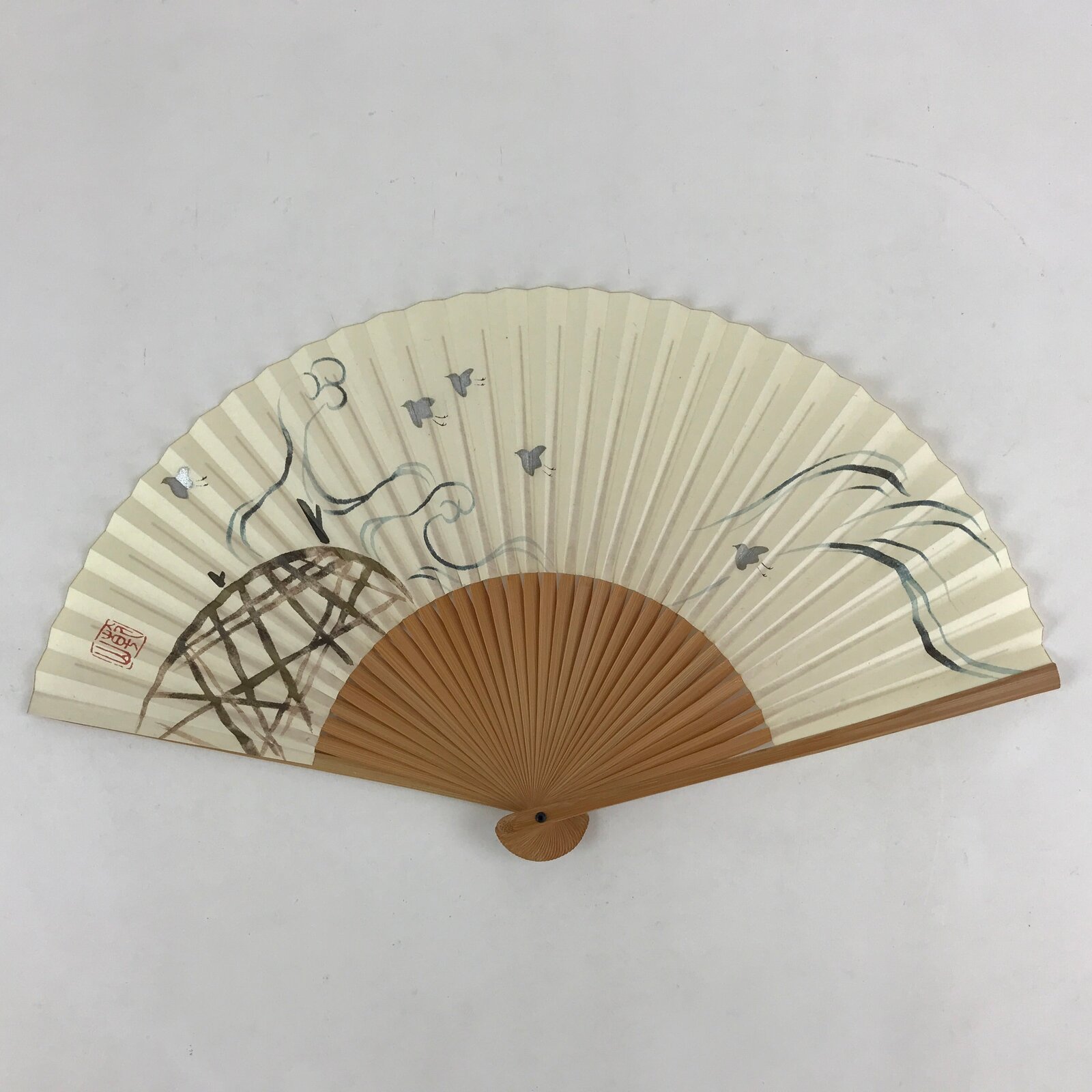 Japanese Folding Fan Sensu Vtg Bamboo Frame Birds White Blue Brown Seal 4D688
