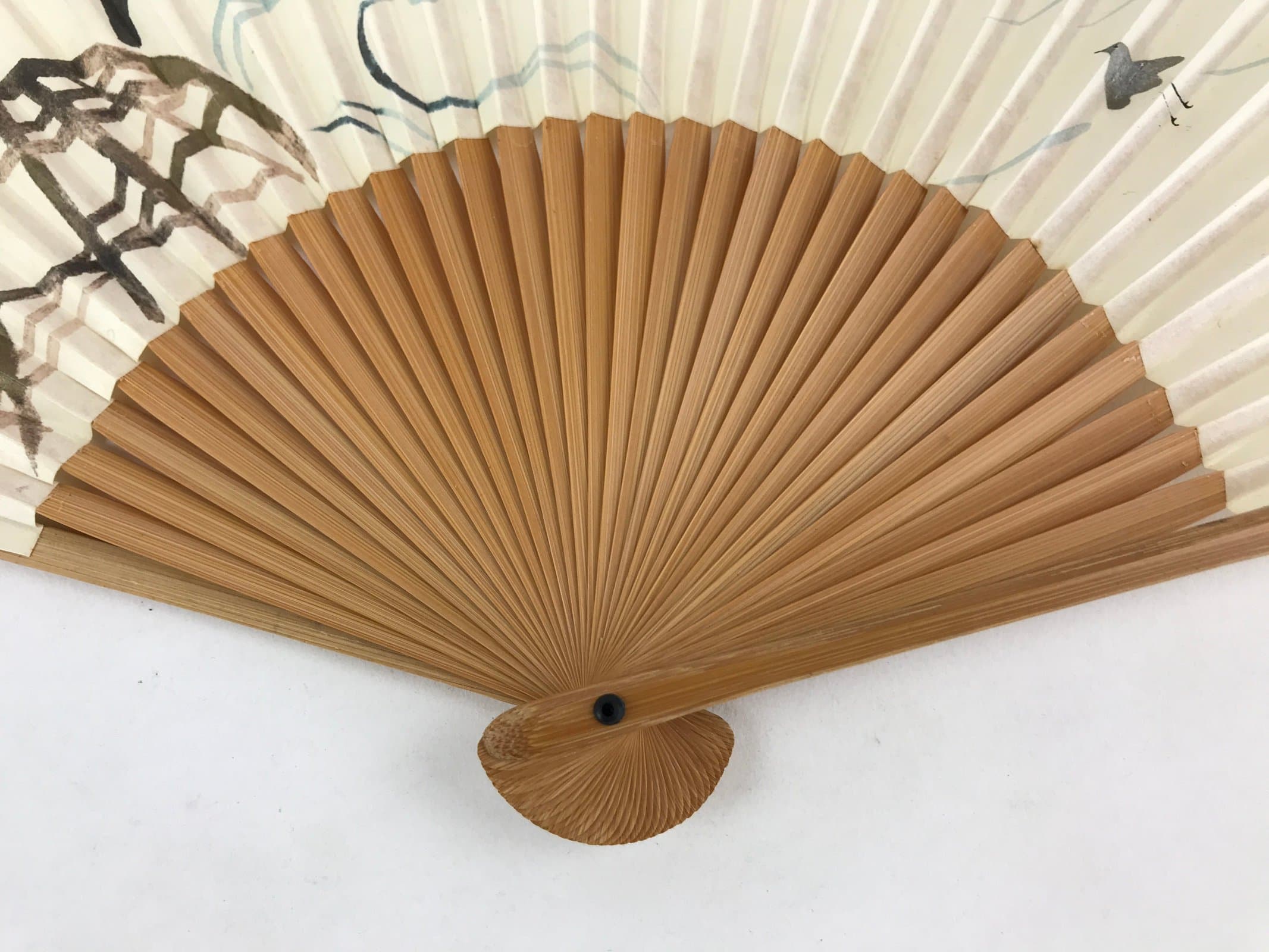 Japanese Folding Fan Sensu Vtg Bamboo Frame Birds White Blue Brown Seal 4D688