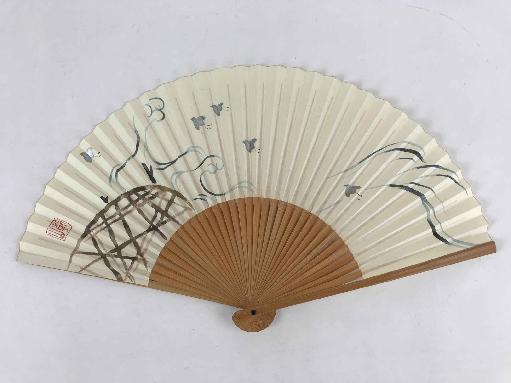 Japanese Folding Fan Sensu Vtg Bamboo Frame Birds White Blue Brown Seal 4D688