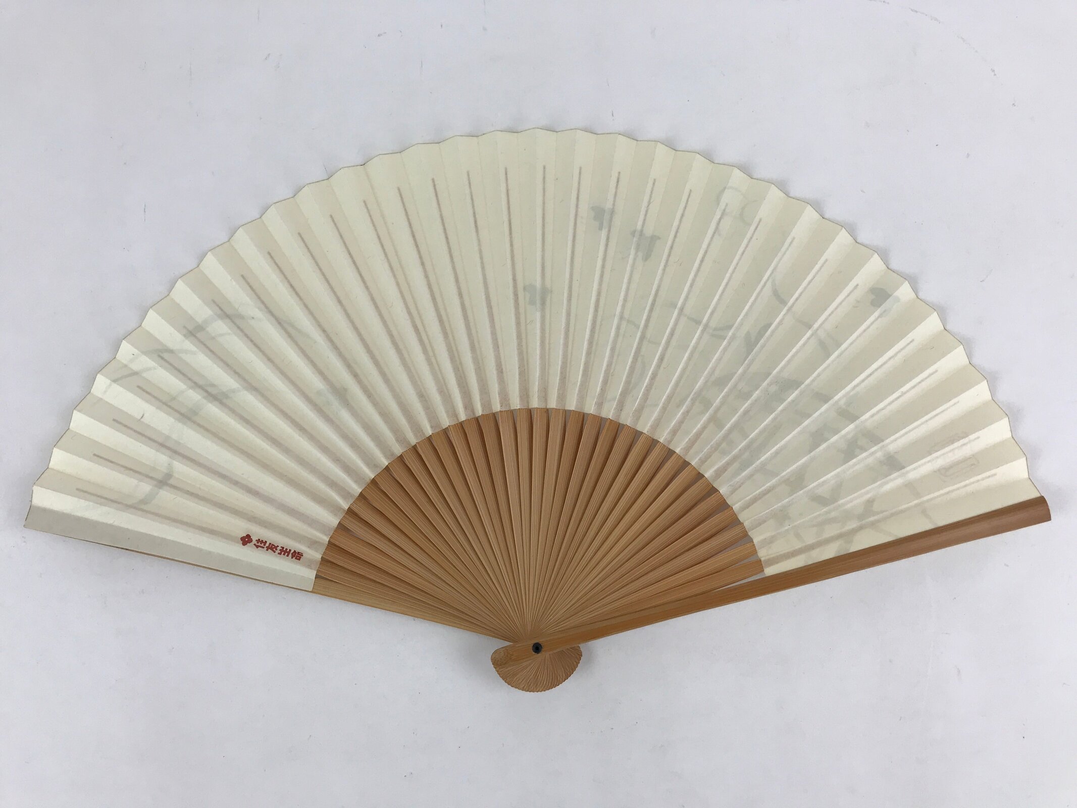 Japanese Folding Fan Sensu Vtg Bamboo Frame Birds White Blue Brown Seal 4D688
