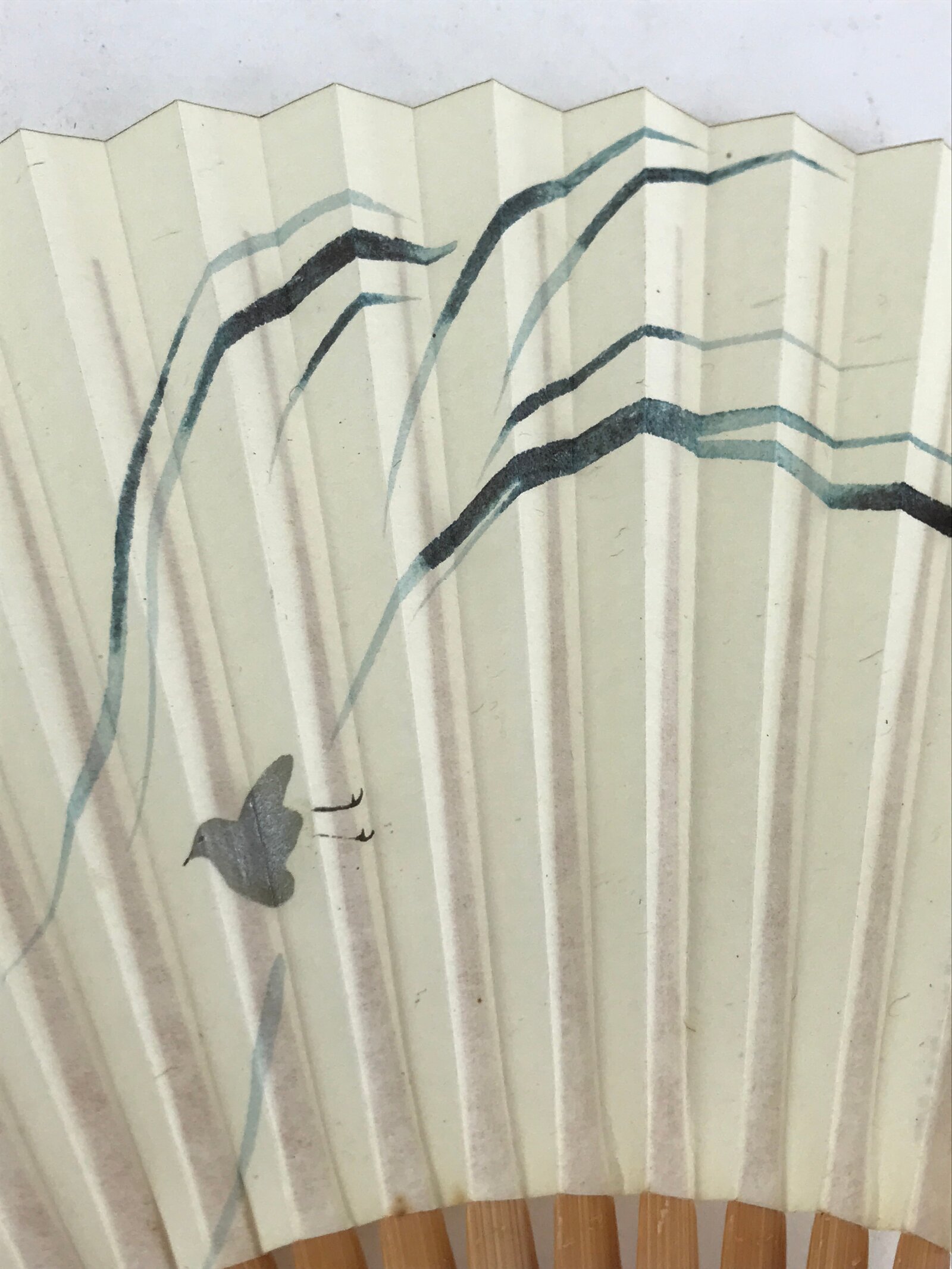 Japanese Folding Fan Sensu Vtg Bamboo Frame Birds White Blue Brown Seal 4D688