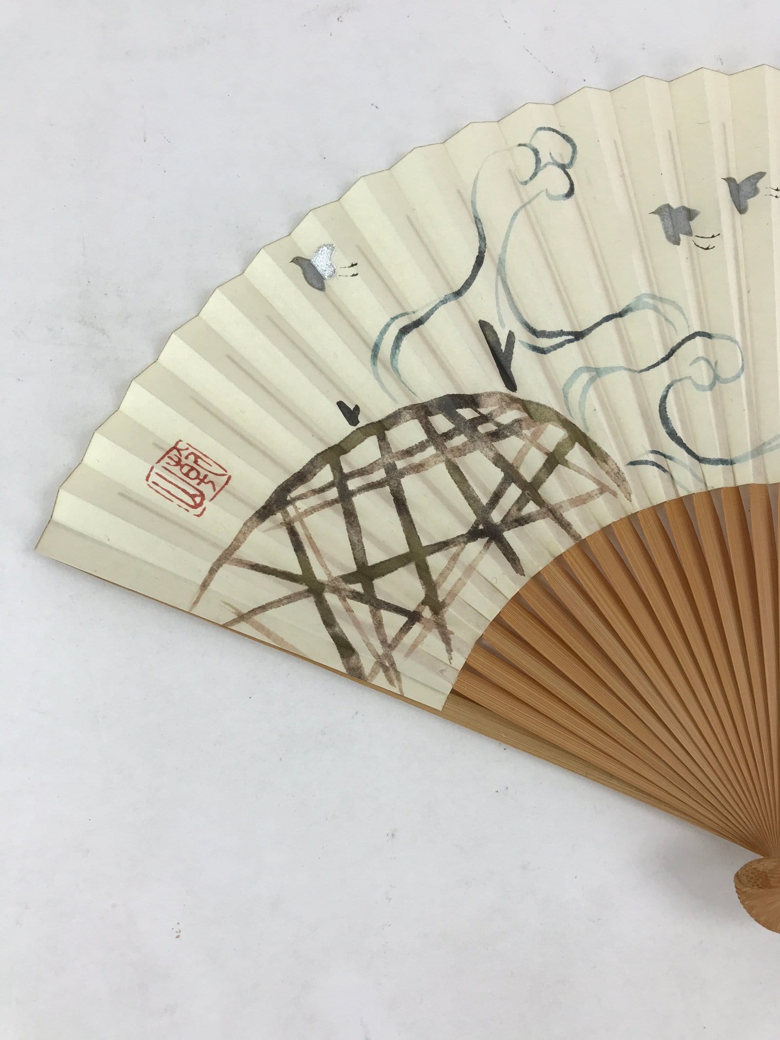 Japanese Folding Fan Sensu Vtg Bamboo Frame Birds White Blue Brown Seal 4D688