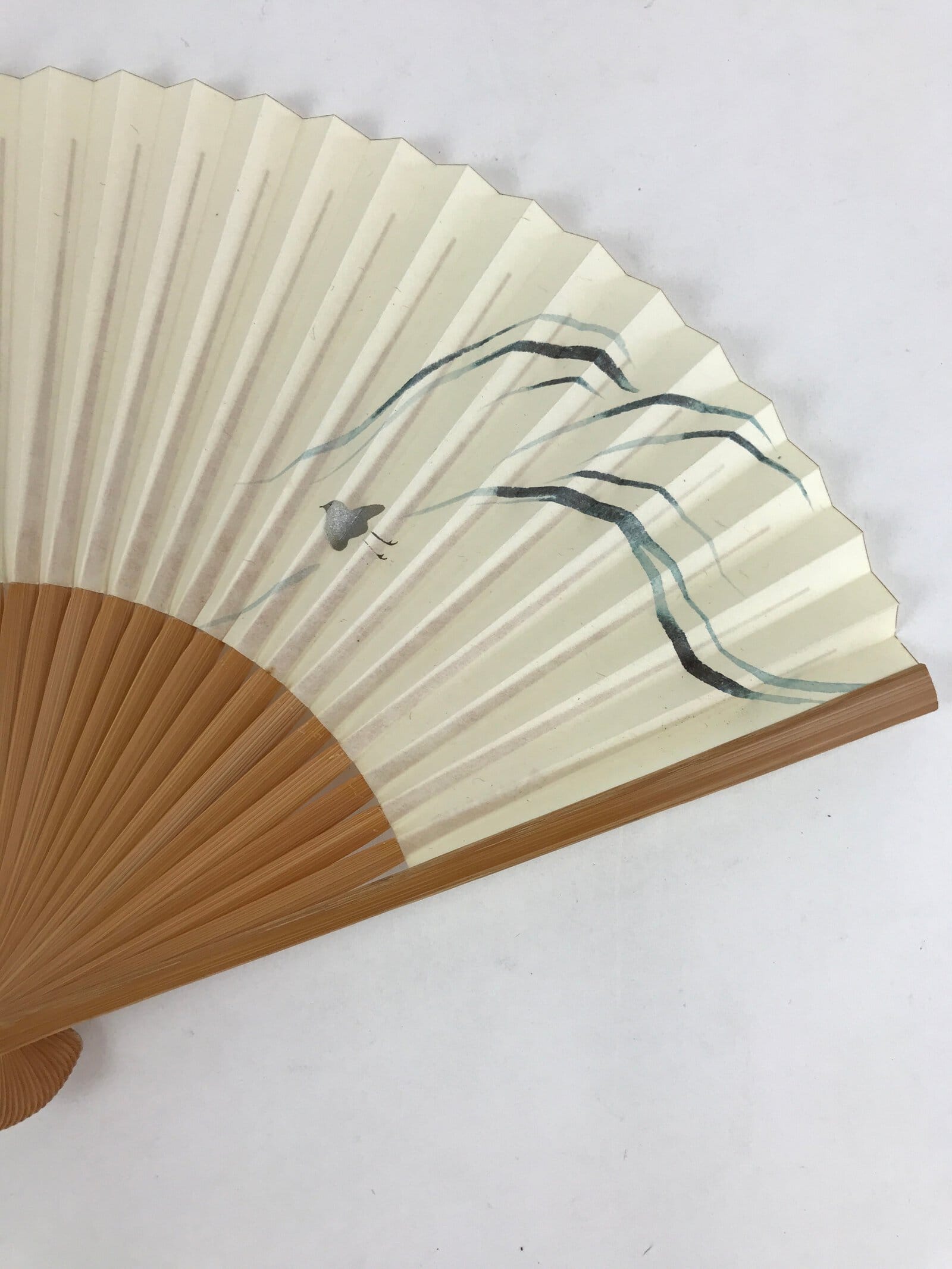 Japanese Folding Fan Sensu Vtg Bamboo Frame Birds White Blue Brown Seal 4D688