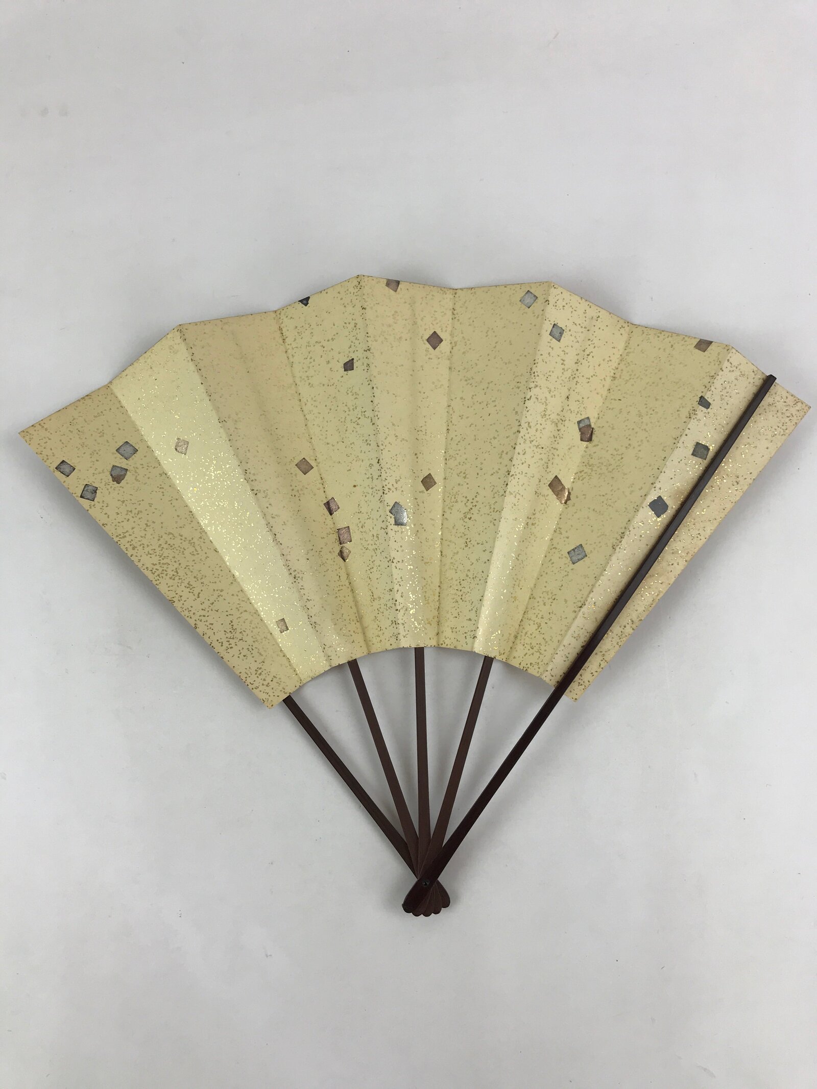 Japanese Folding Fan Sensu Vtg Bamboo Frame Cranes Gold Kanji Red Seal 4D689