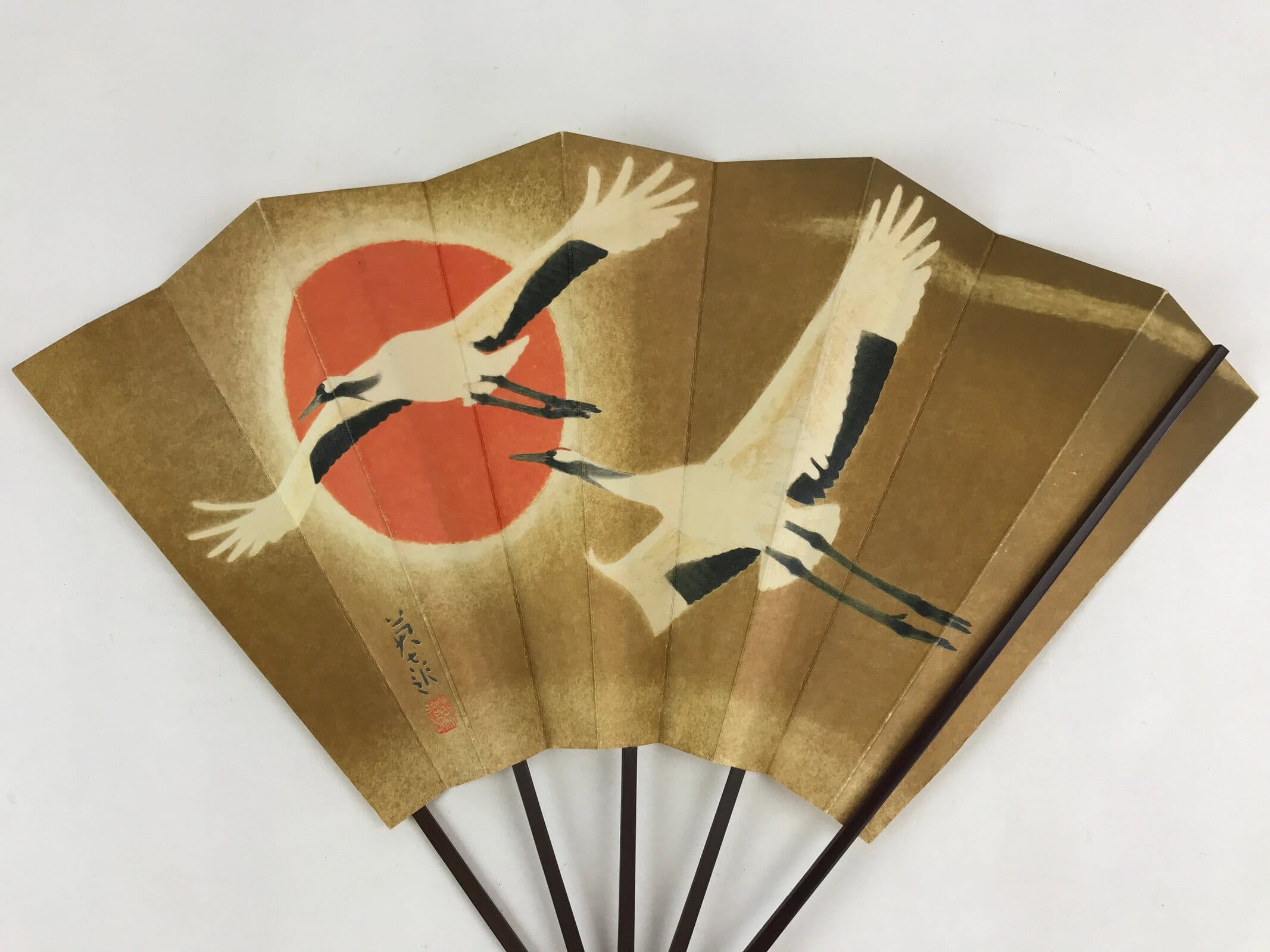 Japanese Folding Fan Sensu Vtg Bamboo Frame Cranes Gold Kanji Red Seal 4D689