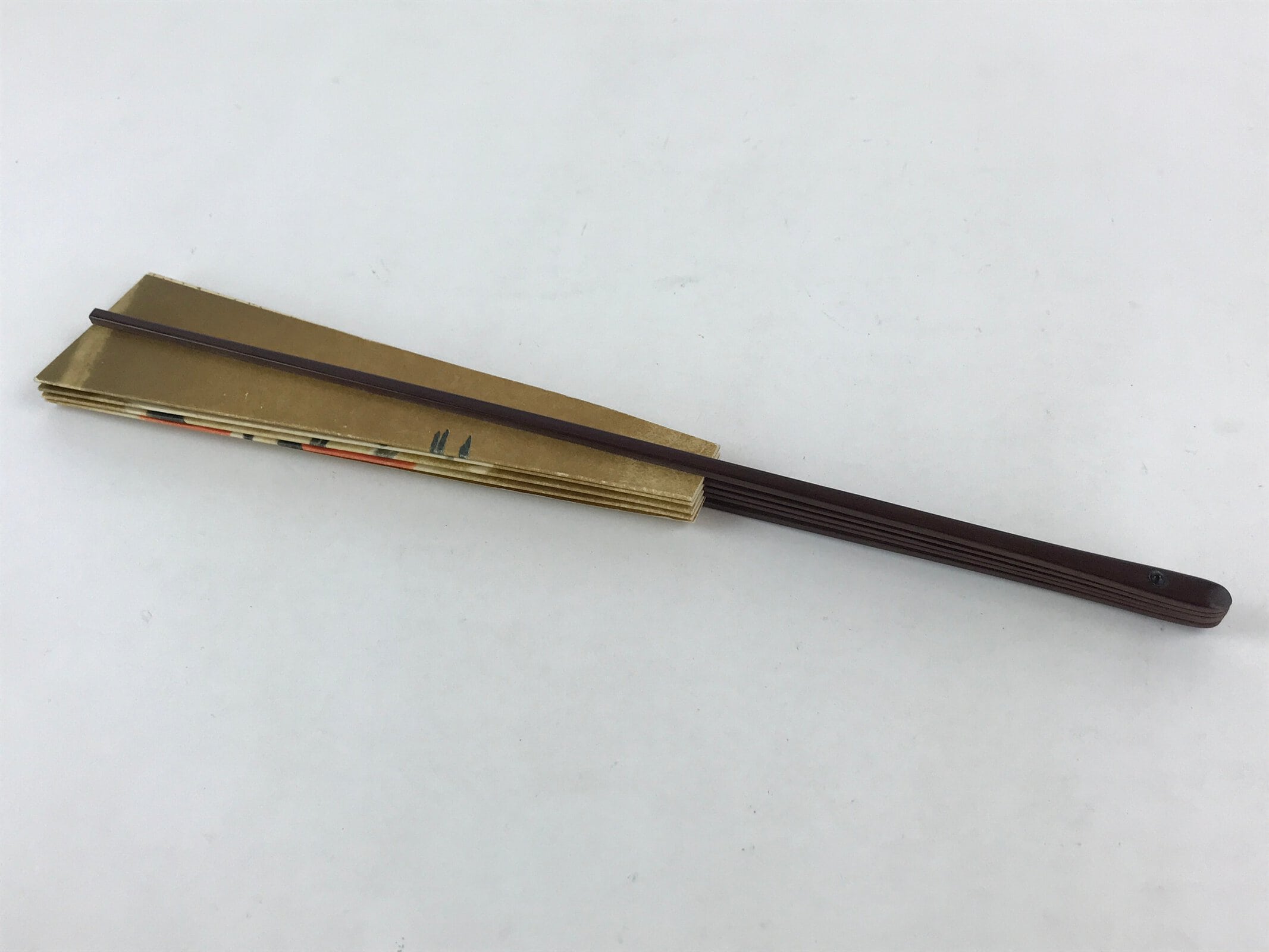 Japanese Folding Fan Sensu Vtg Bamboo Frame Cranes Gold Kanji Red Seal 4D689