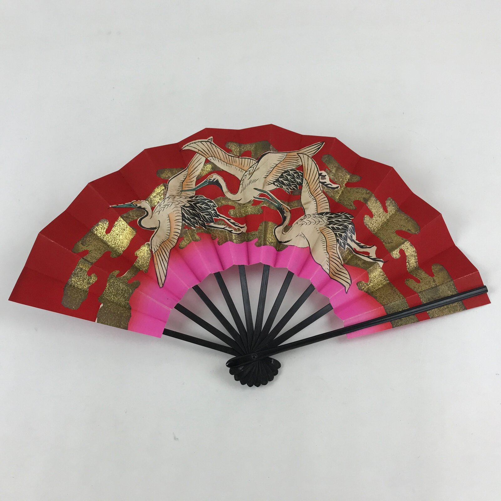 Japanese Folding Fan Sensu Vtg Bamboo Frame Cranes Lucky Red Gold Pink 4D639