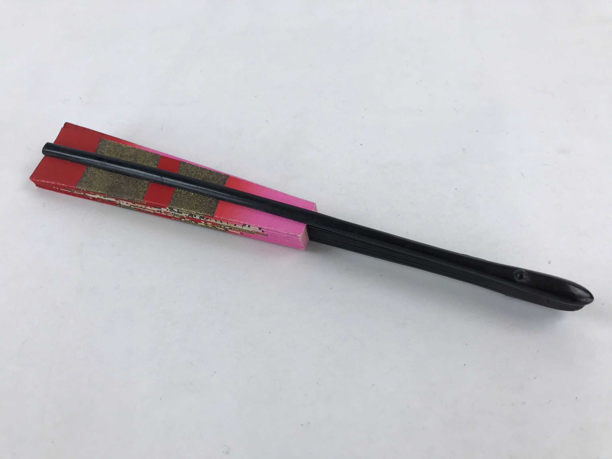 Japanese Folding Fan Sensu Vtg Bamboo Frame Cranes Lucky Red Gold Pink 4D639