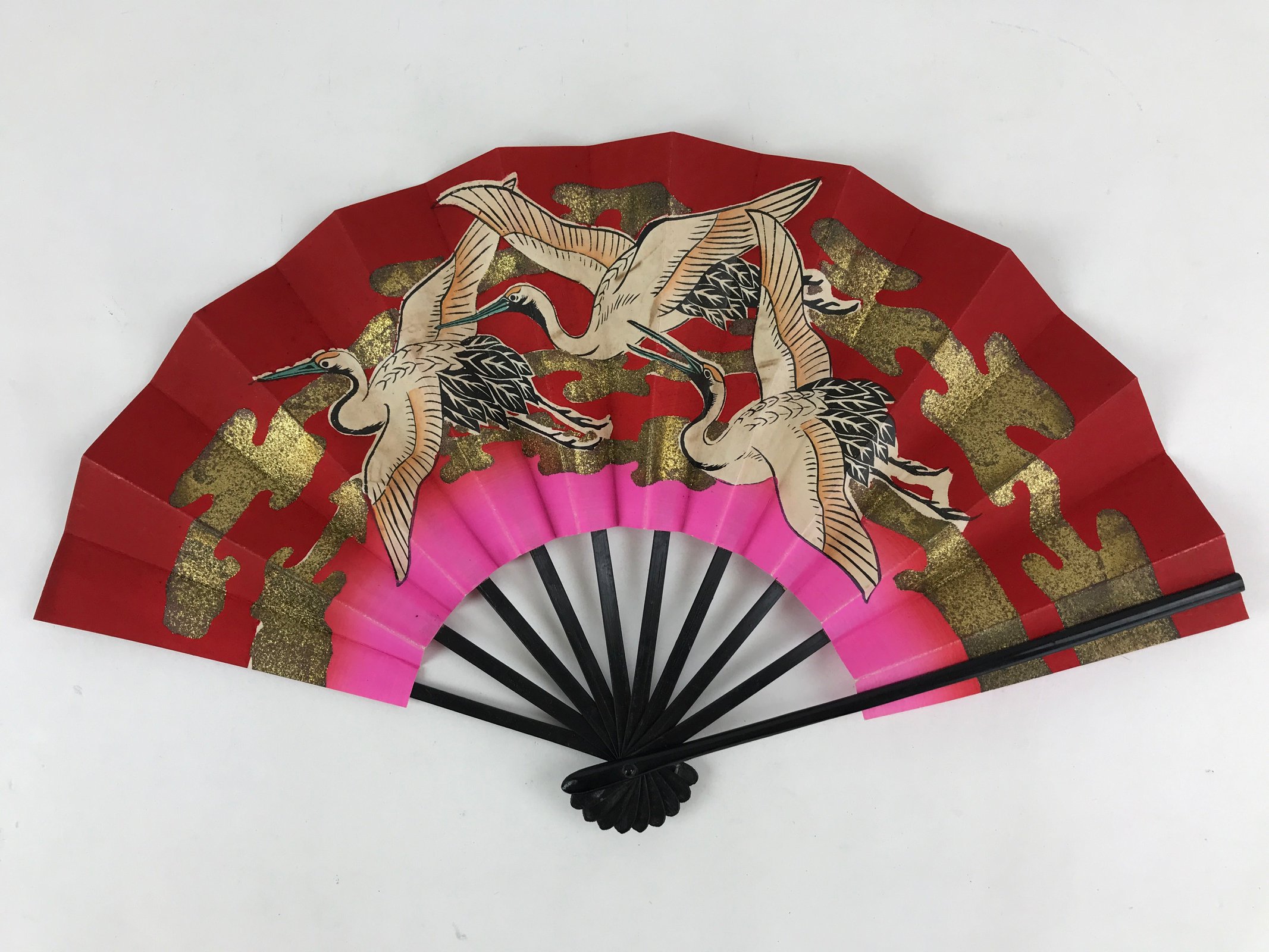 Japanese Folding Fan Sensu Vtg Bamboo Frame Cranes Lucky Red Gold Pink 4D639