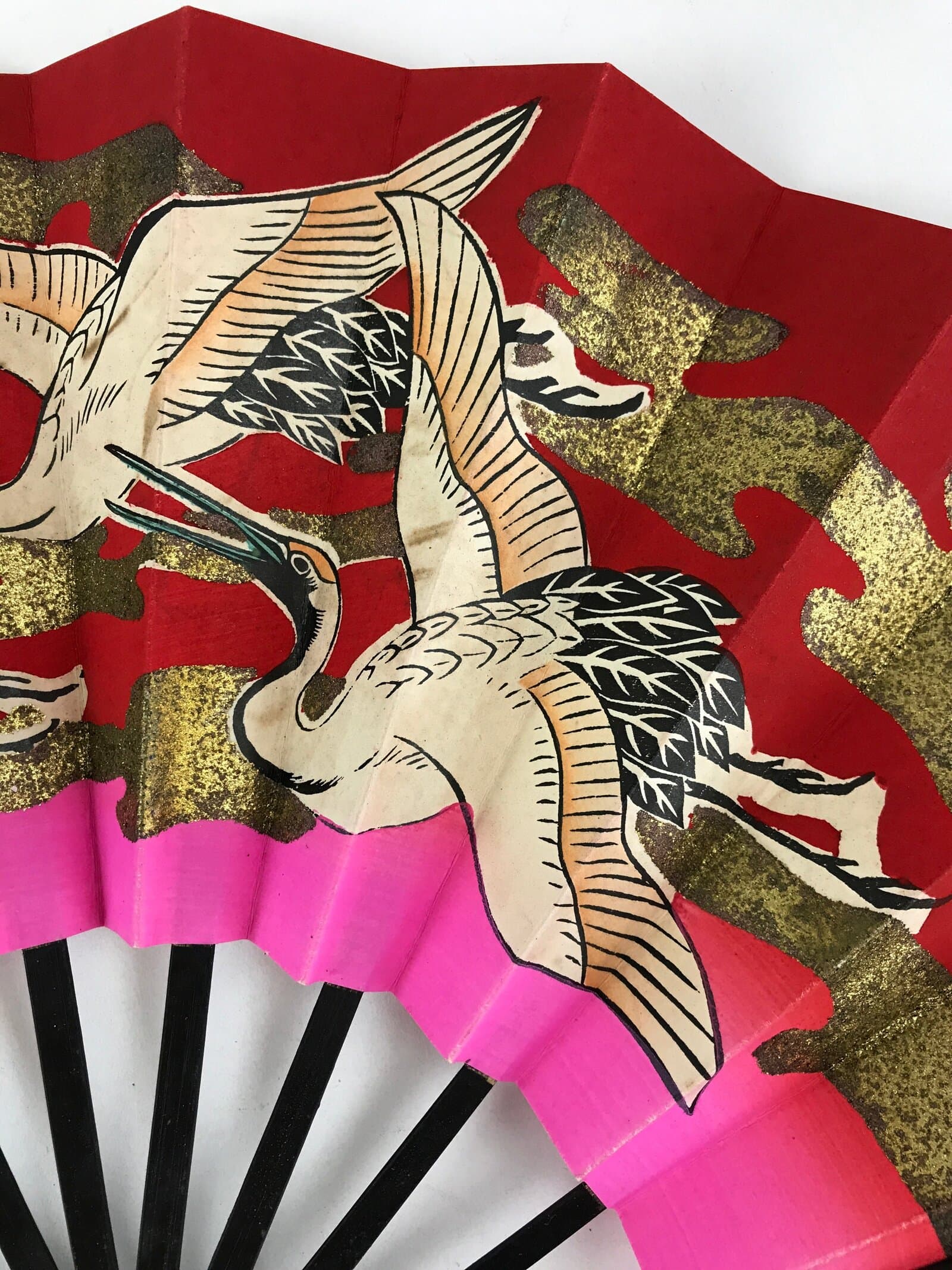 Japanese Folding Fan Sensu Vtg Bamboo Frame Cranes Lucky Red Gold Pink 4D639