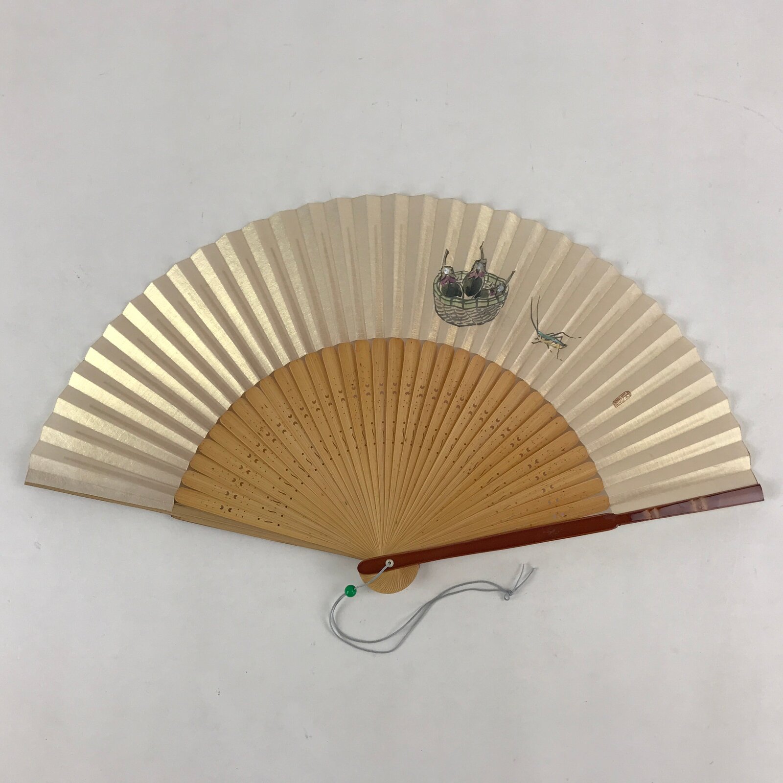 Japanese Folding Fan Sensu Vtg Bamboo Frame Eggplants Backet Sparkle 4D674