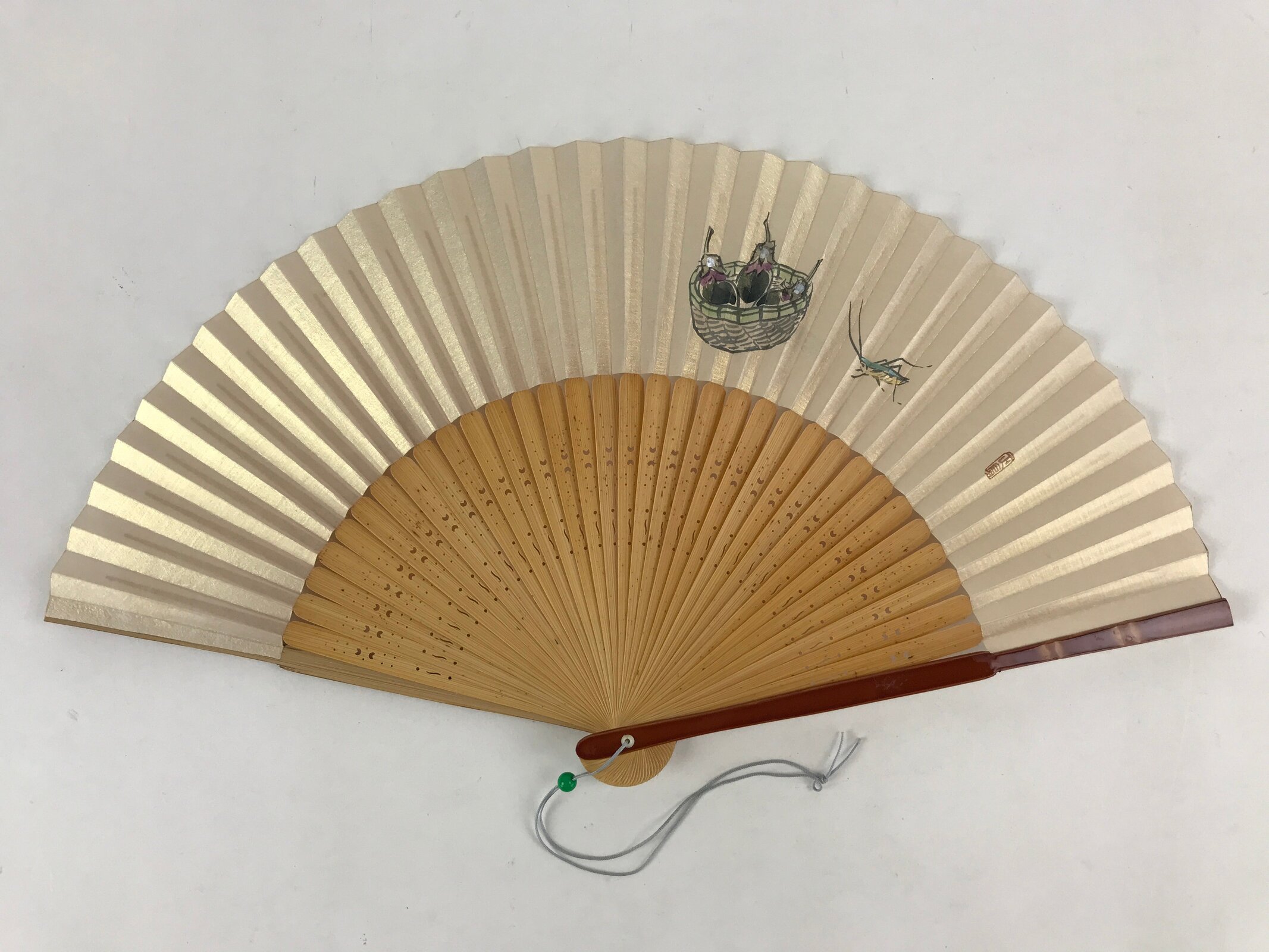 Japanese Folding Fan Sensu Vtg Bamboo Frame Eggplants Backet Sparkle 4D674
