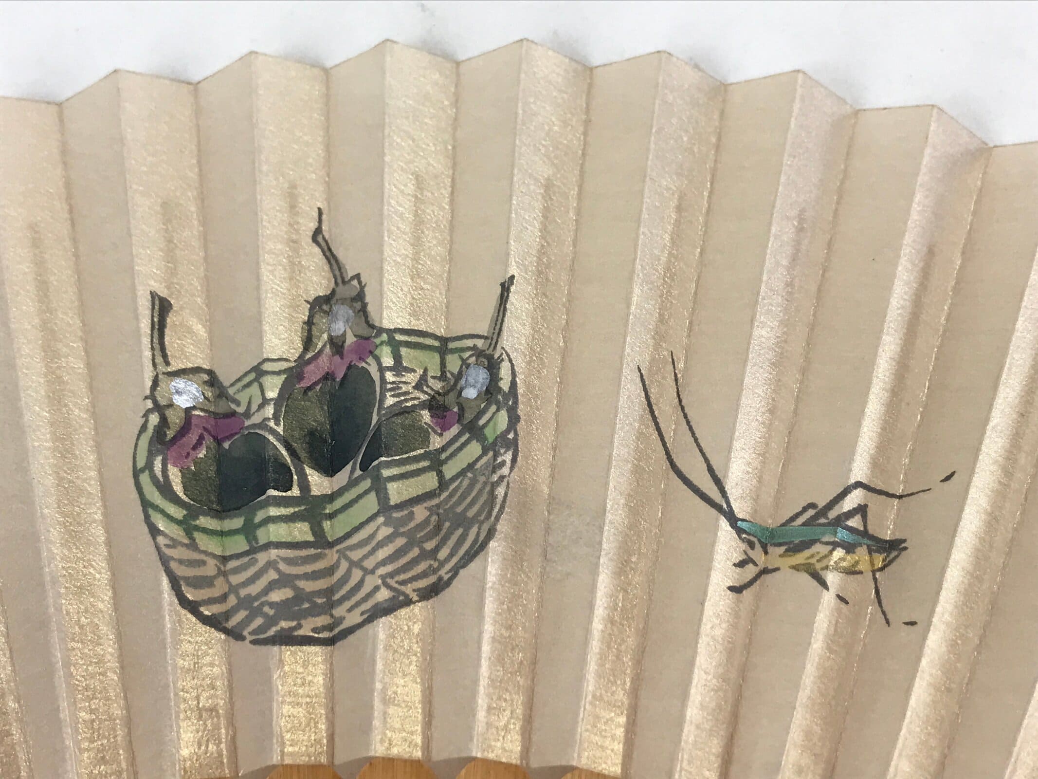 Japanese Folding Fan Sensu Vtg Bamboo Frame Eggplants Backet Sparkle 4D674