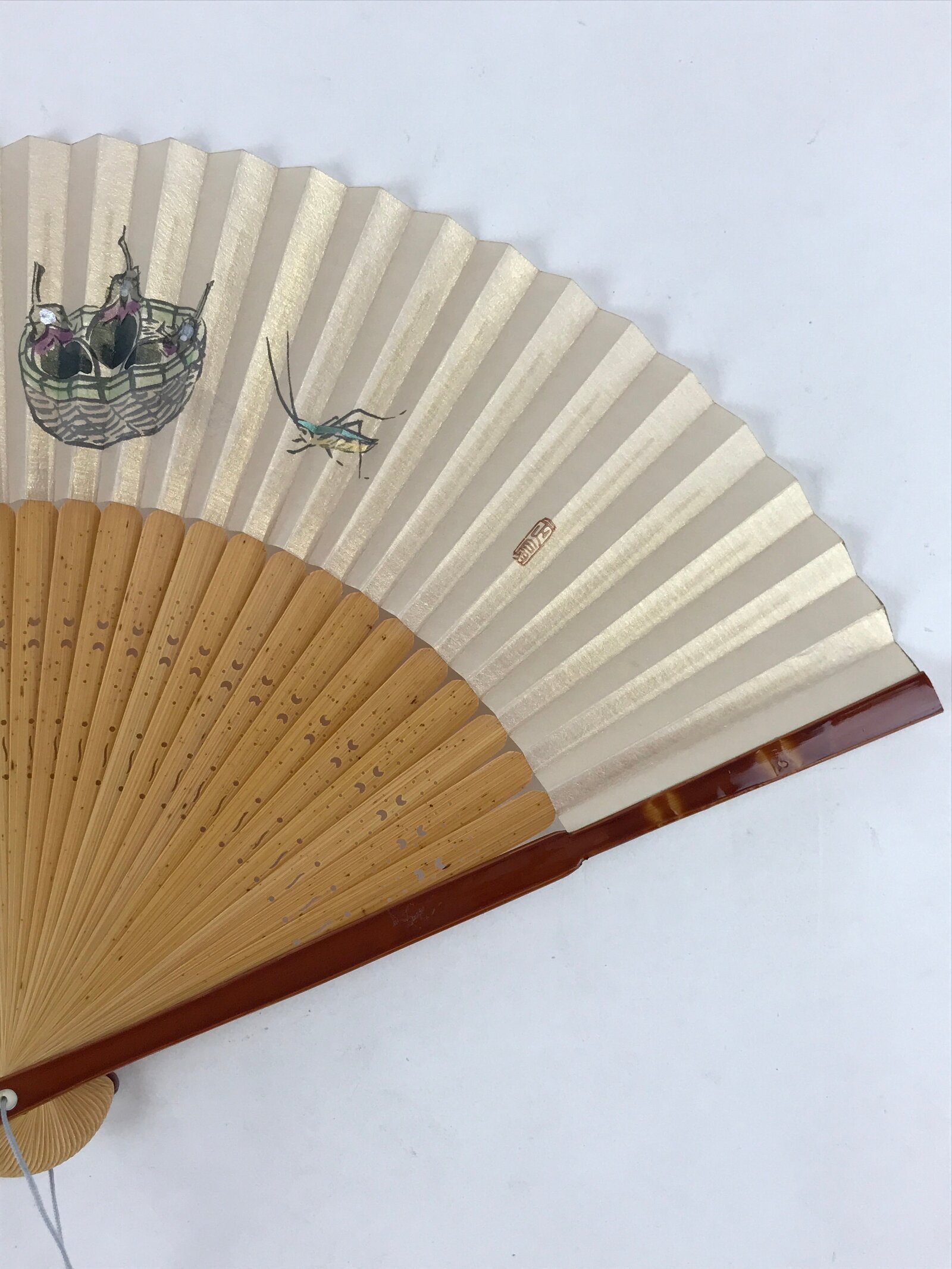 Japanese Folding Fan Sensu Vtg Bamboo Frame Eggplants Backet Sparkle 4D674