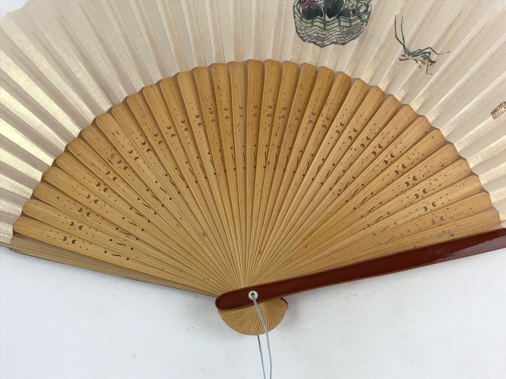 Japanese Folding Fan Sensu Vtg Bamboo Frame Eggplants Backet Sparkle 4D674