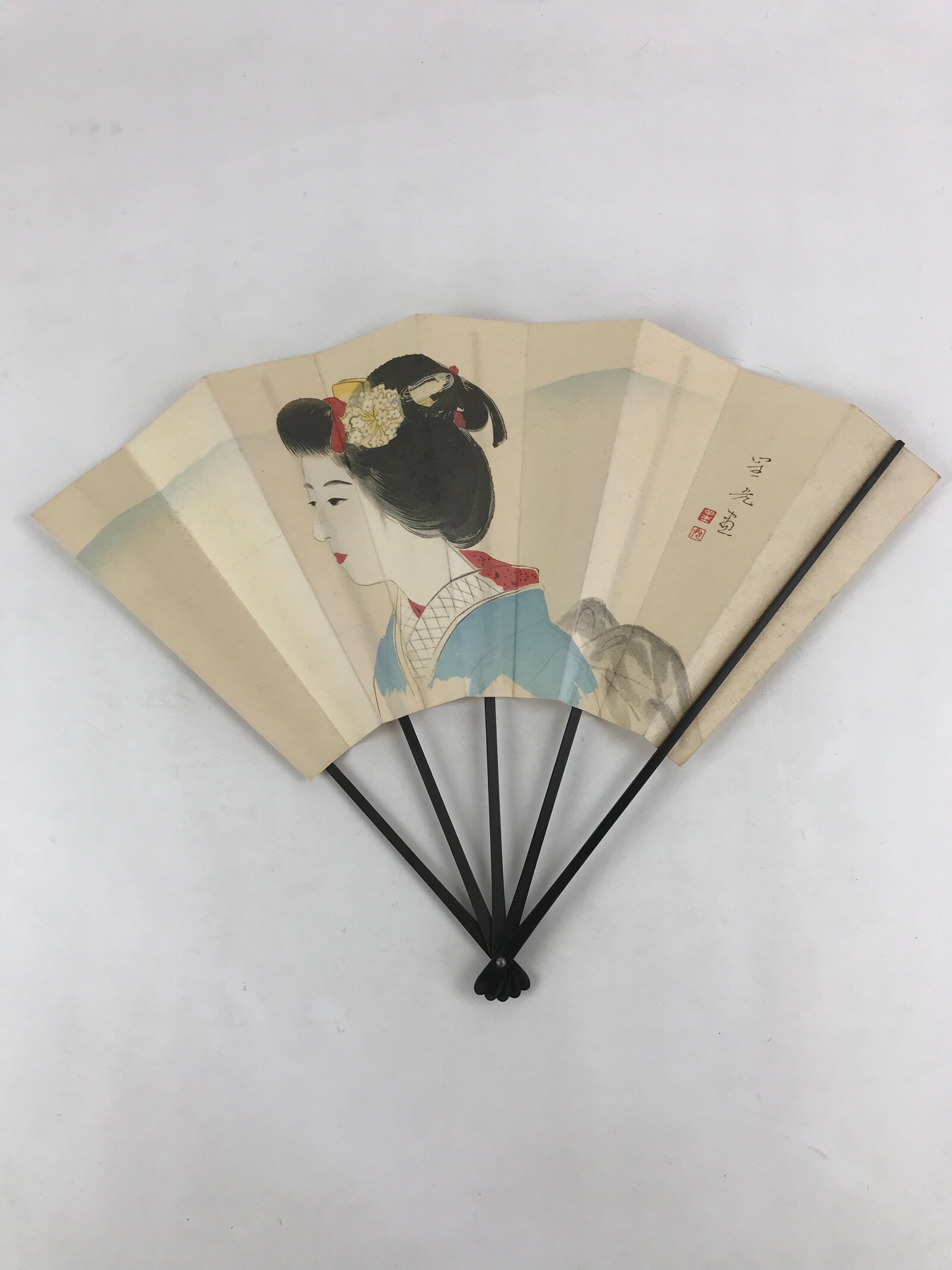 Japanese Folding Fan Sensu Vtg Bamboo Frame Geisha White Kanji Red Seal 4D690