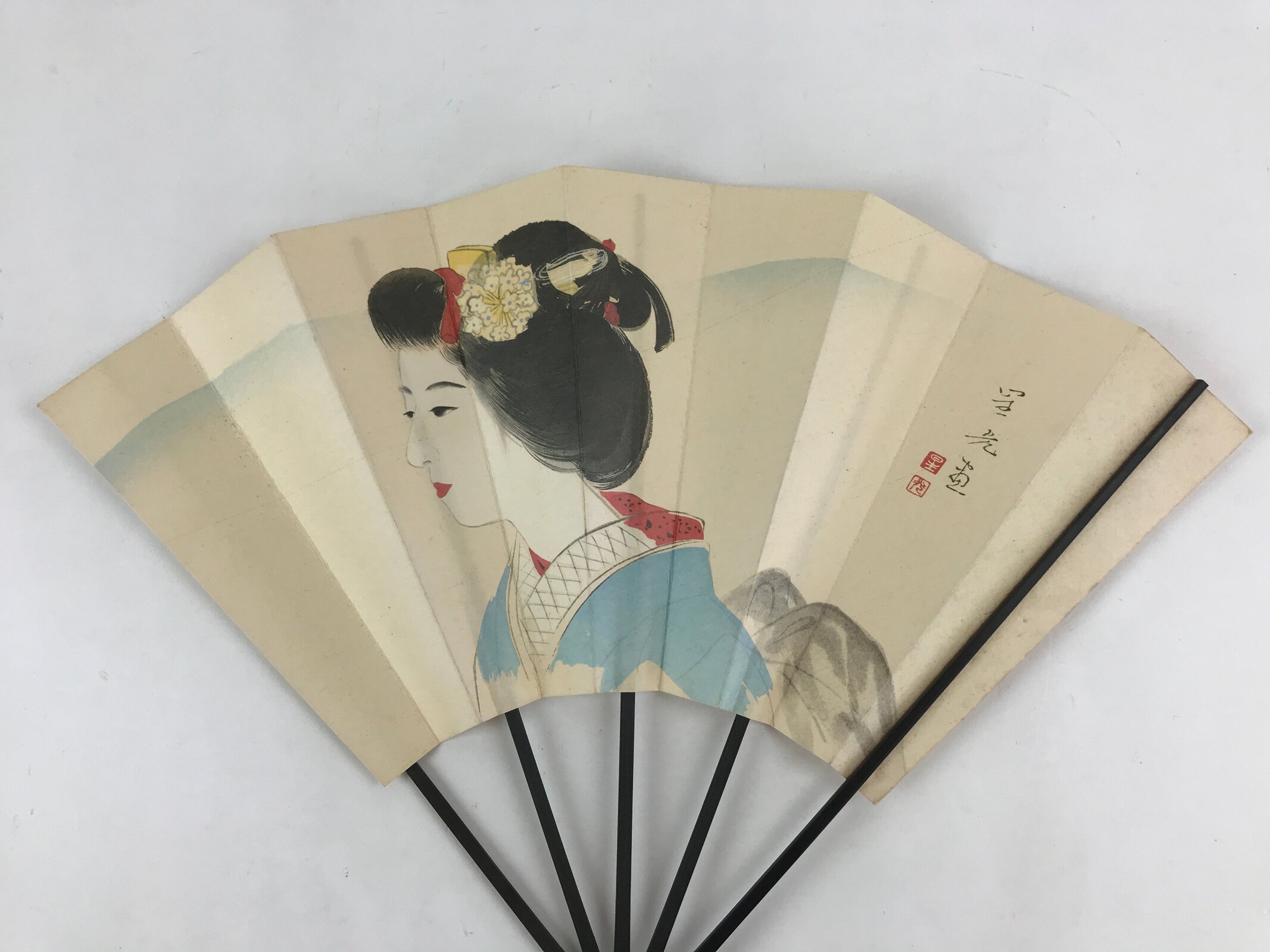 Japanese Folding Fan Sensu Vtg Bamboo Frame Geisha White Kanji Red Seal 4D690