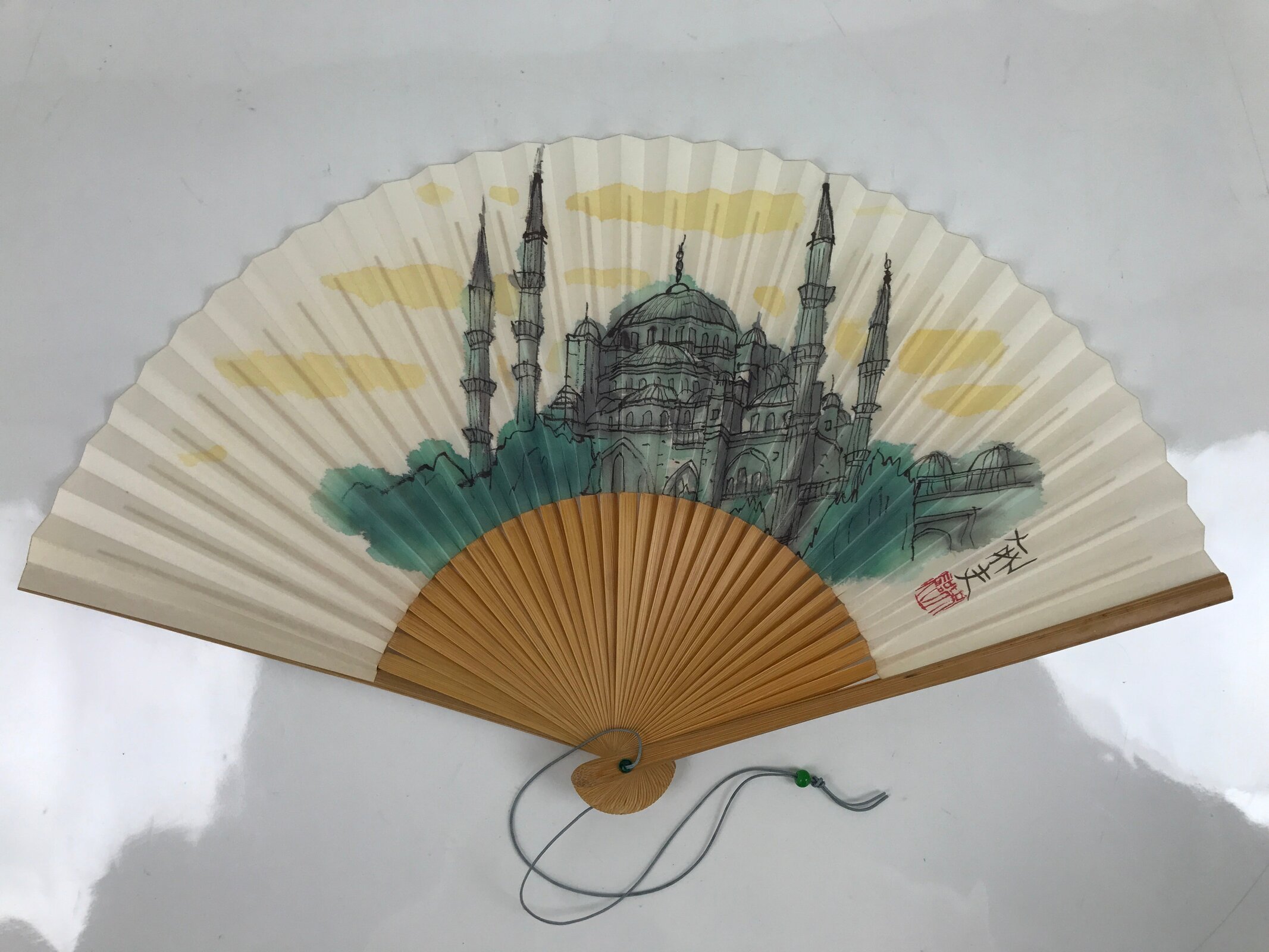 Japanese Folding Fan Sensu Vtg Bamboo Frame Hagia Sophia Design Blue 4D799