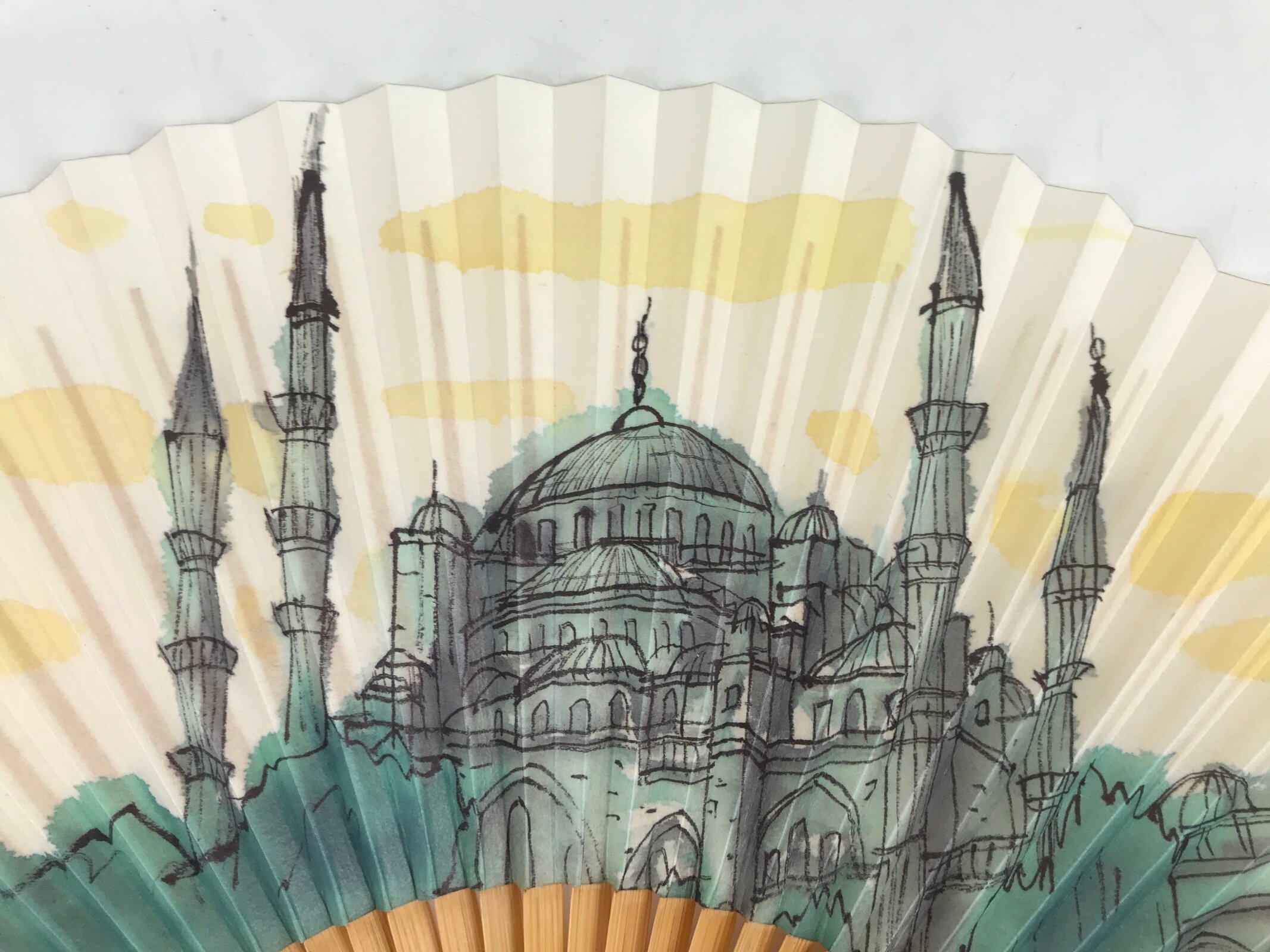 Japanese Folding Fan Sensu Vtg Bamboo Frame Hagia Sophia Design Blue 4D799