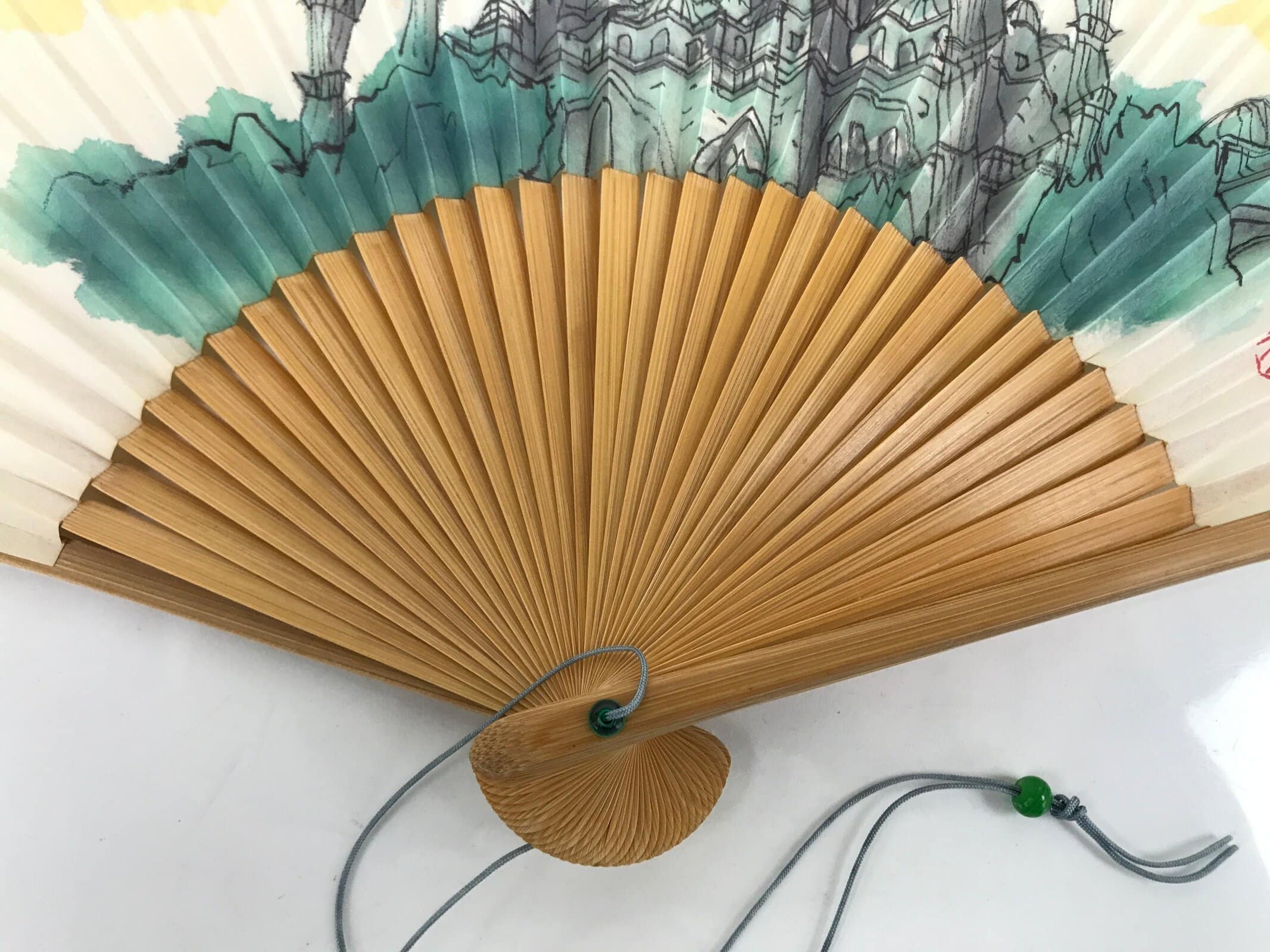 Japanese Folding Fan Sensu Vtg Bamboo Frame Hagia Sophia Design Blue 4D799