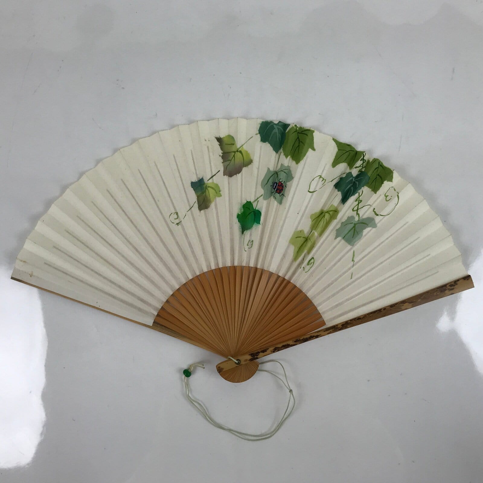 Japanese Folding Fan Sensu Vtg Bamboo Frame Morning Glory Leaves Ladybug 4D800