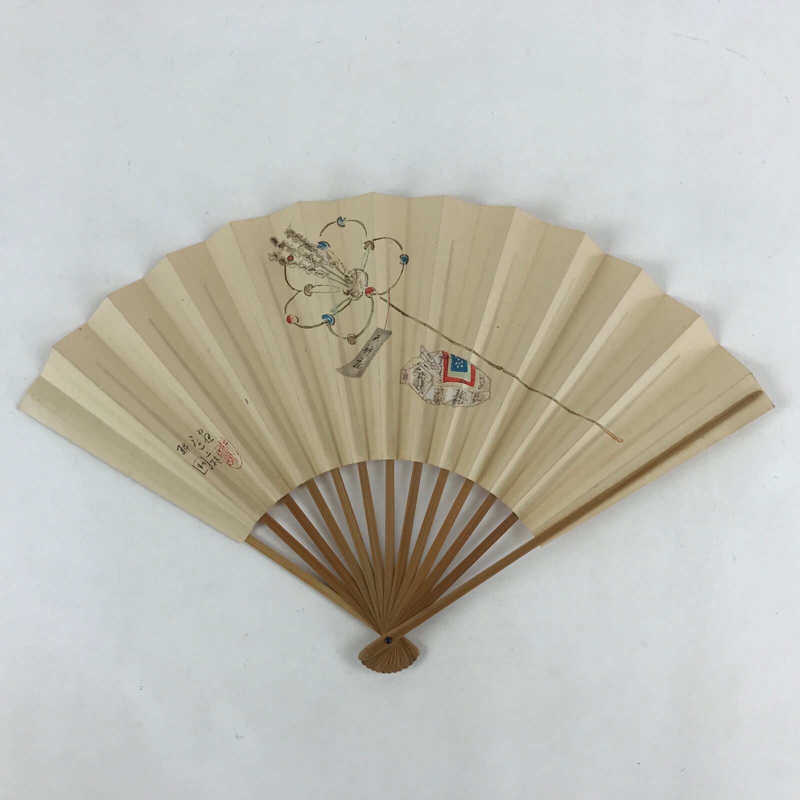 Japanese Folding Fan Sensu Vtg Bamboo Frame Plum Flower Red Seal White 4D683