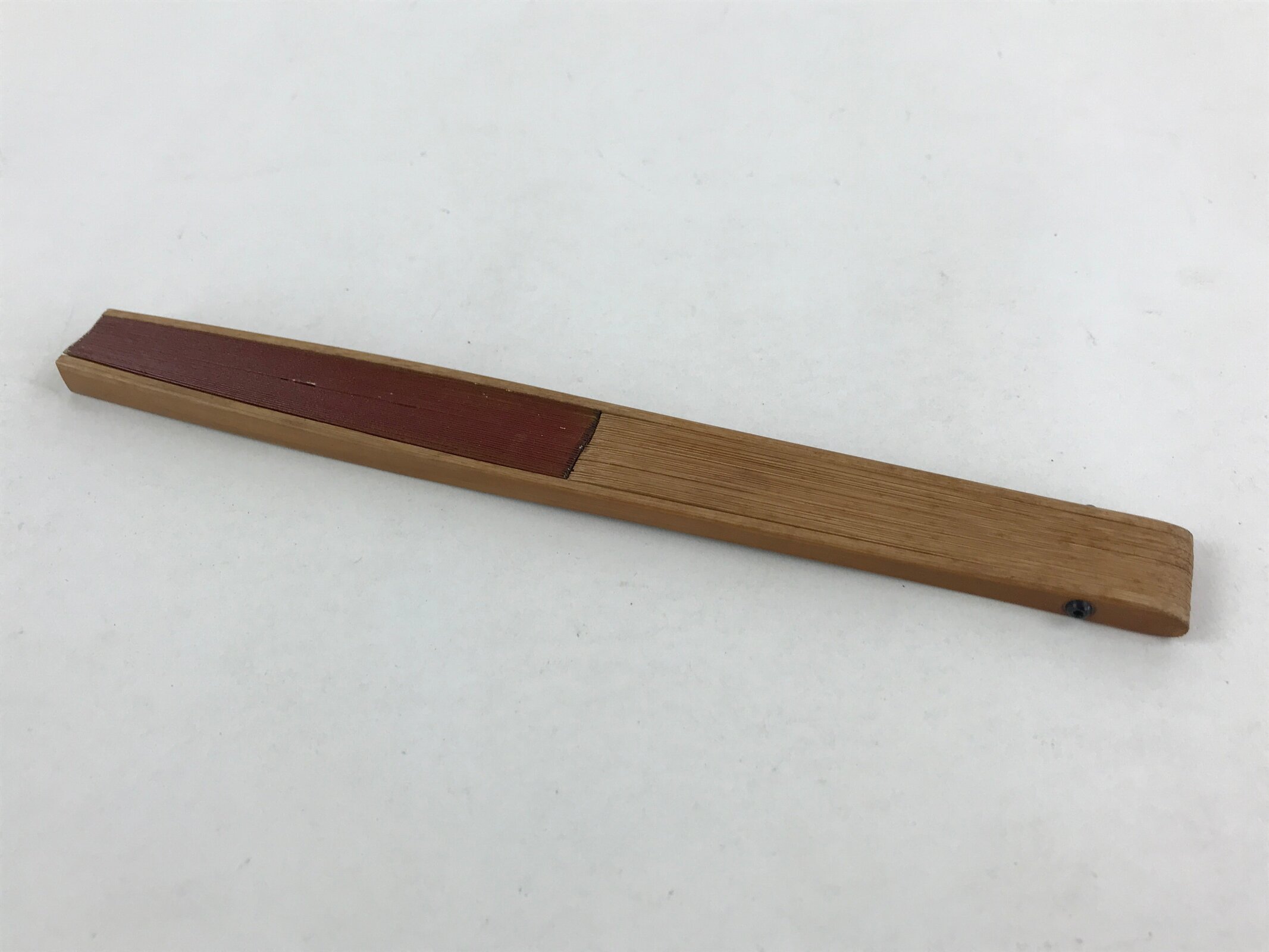 Japanese Folding Fan Sensu Vtg Bamboo Frame Swirls Light Brown Kanji Red Seal 4D