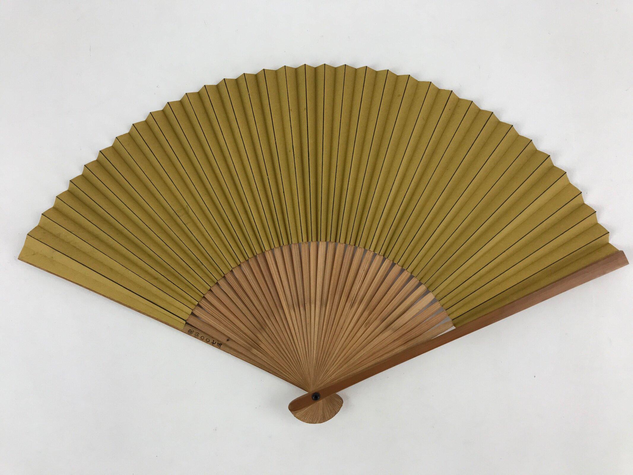 Japanese Folding Fan Sensu Vtg Bamboo Frame Swirls Light Brown Kanji Red Seal 4D
